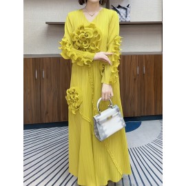丸いネックデザインのエレガントなプリーツ長スカート、3次元のフリル花装飾を特徴として、ポリエステル製のAラインカットで腹を隠す、すべてのシーズンに適しています。