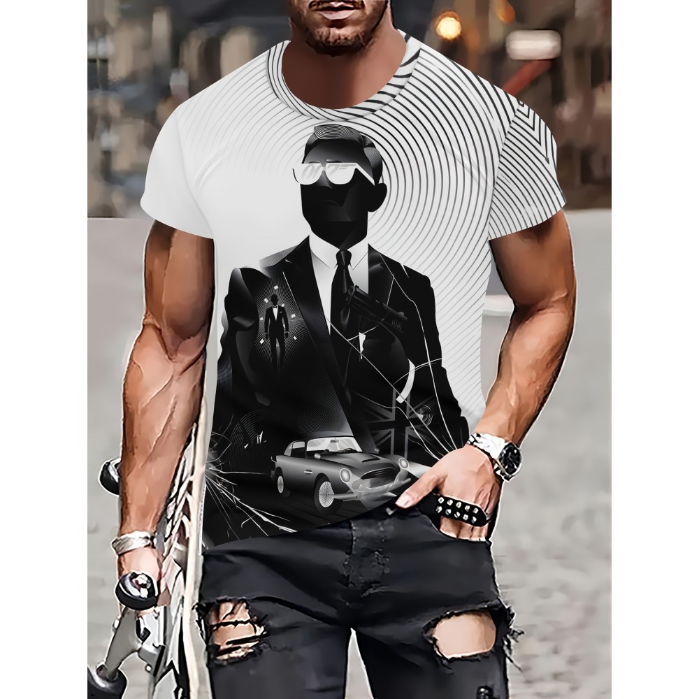 【耐久性のある構造】メンズ3Dクール・フォーマン・イン・ブラックプリントカジュアルTシャツ - ソフトポリエステル、洗濯機可、ラウンドネック、不透明 - 春/秋に最適、スタイリッシュなTシャツ