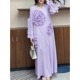 丸いネックデザインのエレガントなプリーツ長スカート、3次元のフリル花装飾を特徴として、ポリエステル製のAラインカットで腹を隠す、すべてのシーズンに適しています。