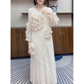 丸いネックデザインのエレガントなプリーツ長スカート、3次元のフリル花装飾を特徴として、ポリエステル製のAラインカットで腹を隠す、すべてのシーズンに適しています。