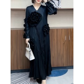 丸いネックデザインのエレガントなプリーツ長スカート、3次元のフリル花装飾を特徴として、ポリエステル製のAラインカットで腹を隠す、すべてのシーズンに適しています。