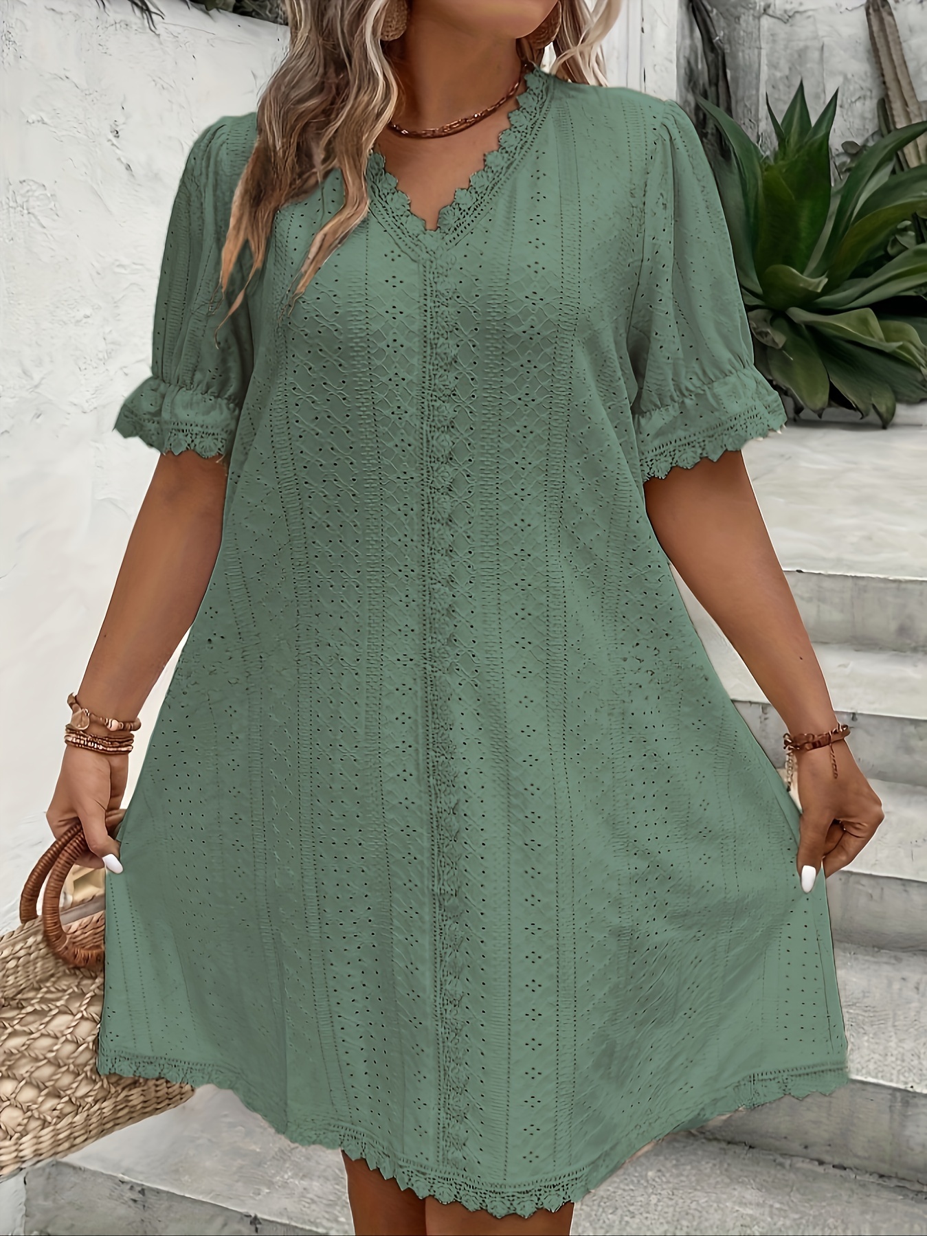 plus size lace stitching dress elegant short sleeve v neck dress for spring summer womens plus size clothing details 1