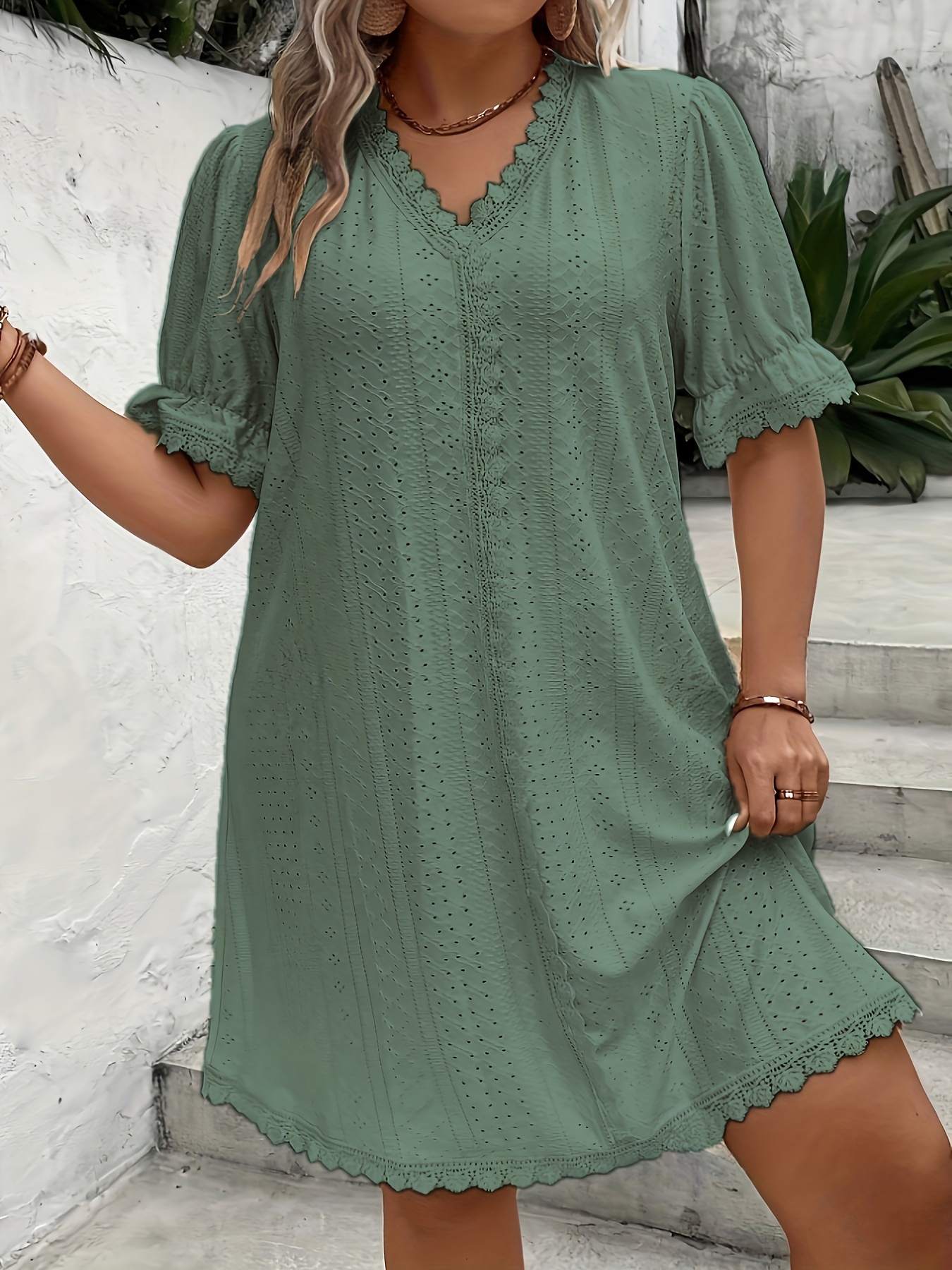 plus size lace stitching dress elegant short sleeve v neck dress for spring summer womens plus size clothing details 4