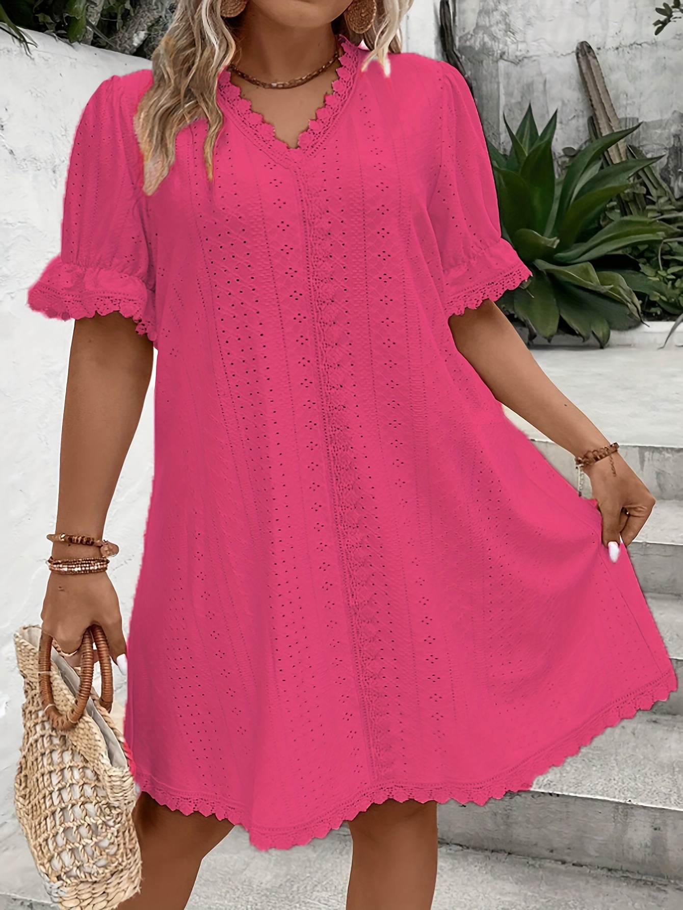 plus size lace stitching dress elegant short sleeve v neck dress for spring summer womens plus size clothing details 6