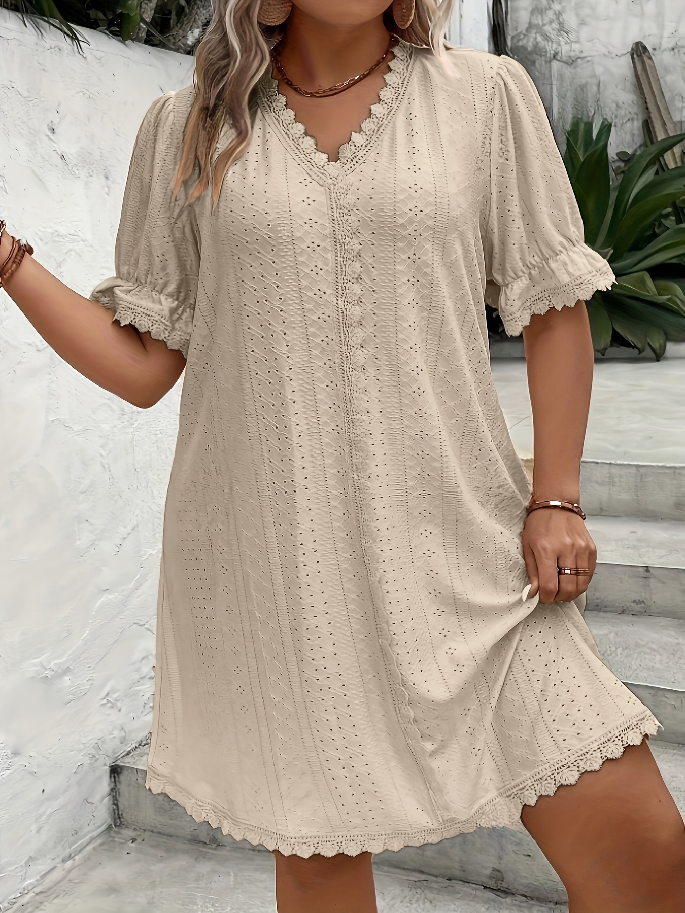 plus size lace stitching dress elegant short sleeve v neck dress for spring summer womens plus size clothing details 18