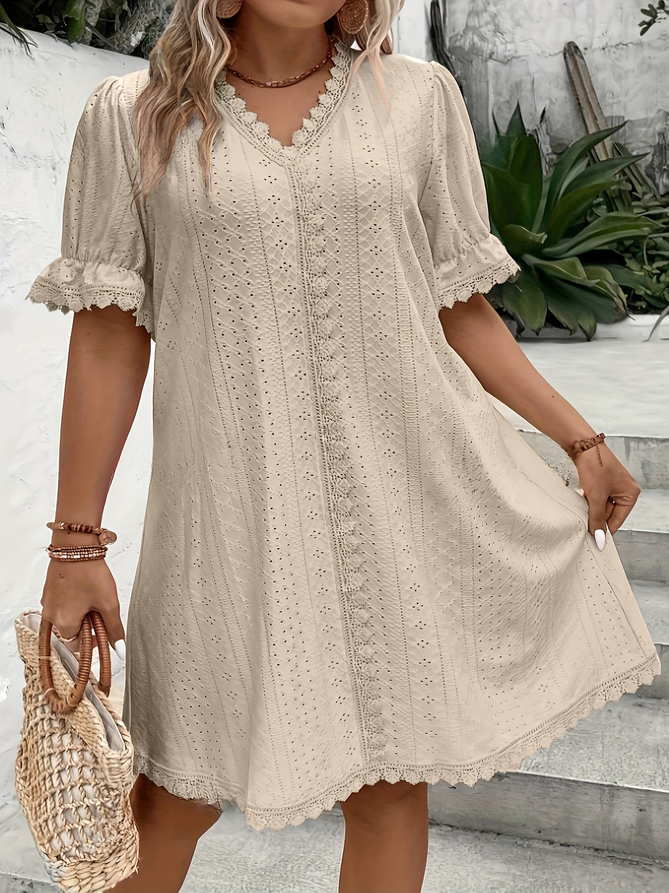 plus size lace stitching dress elegant short sleeve v neck dress for spring summer womens plus size clothing details 19