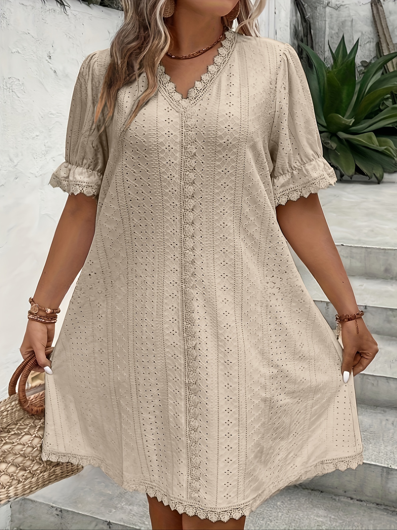 plus size lace stitching dress elegant short sleeve v neck dress for spring summer womens plus size clothing details 20