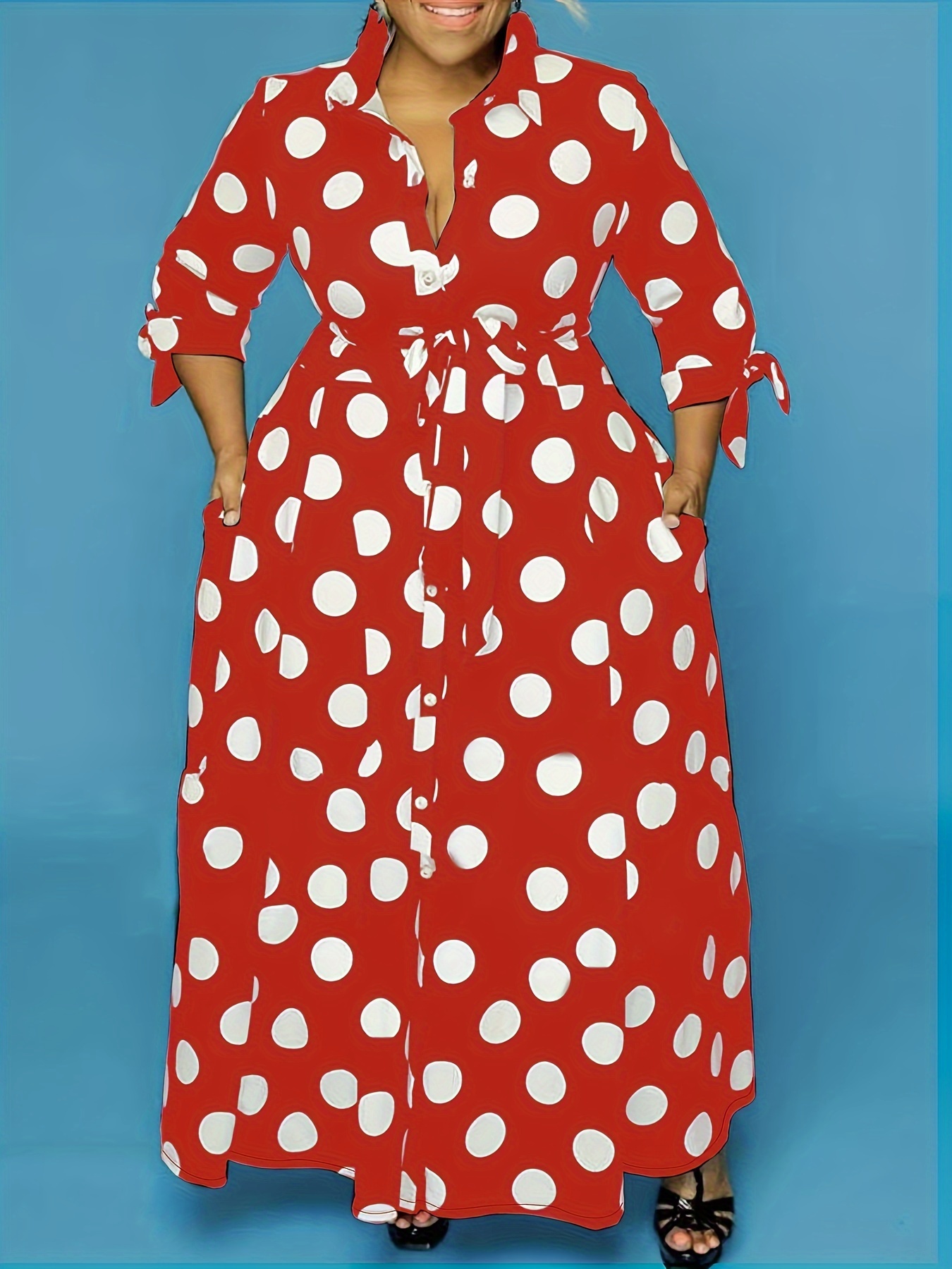 plus size elegant dress womens plus polka dots print button up collared belted maxi dress details 0