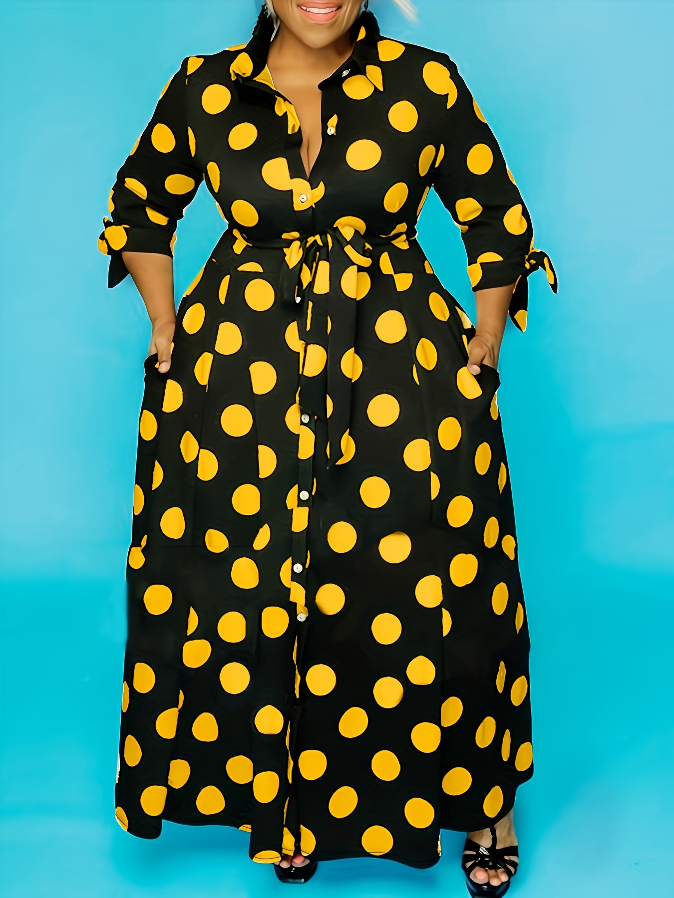 plus size elegant dress womens plus polka dots print button up collared belted maxi dress details 3