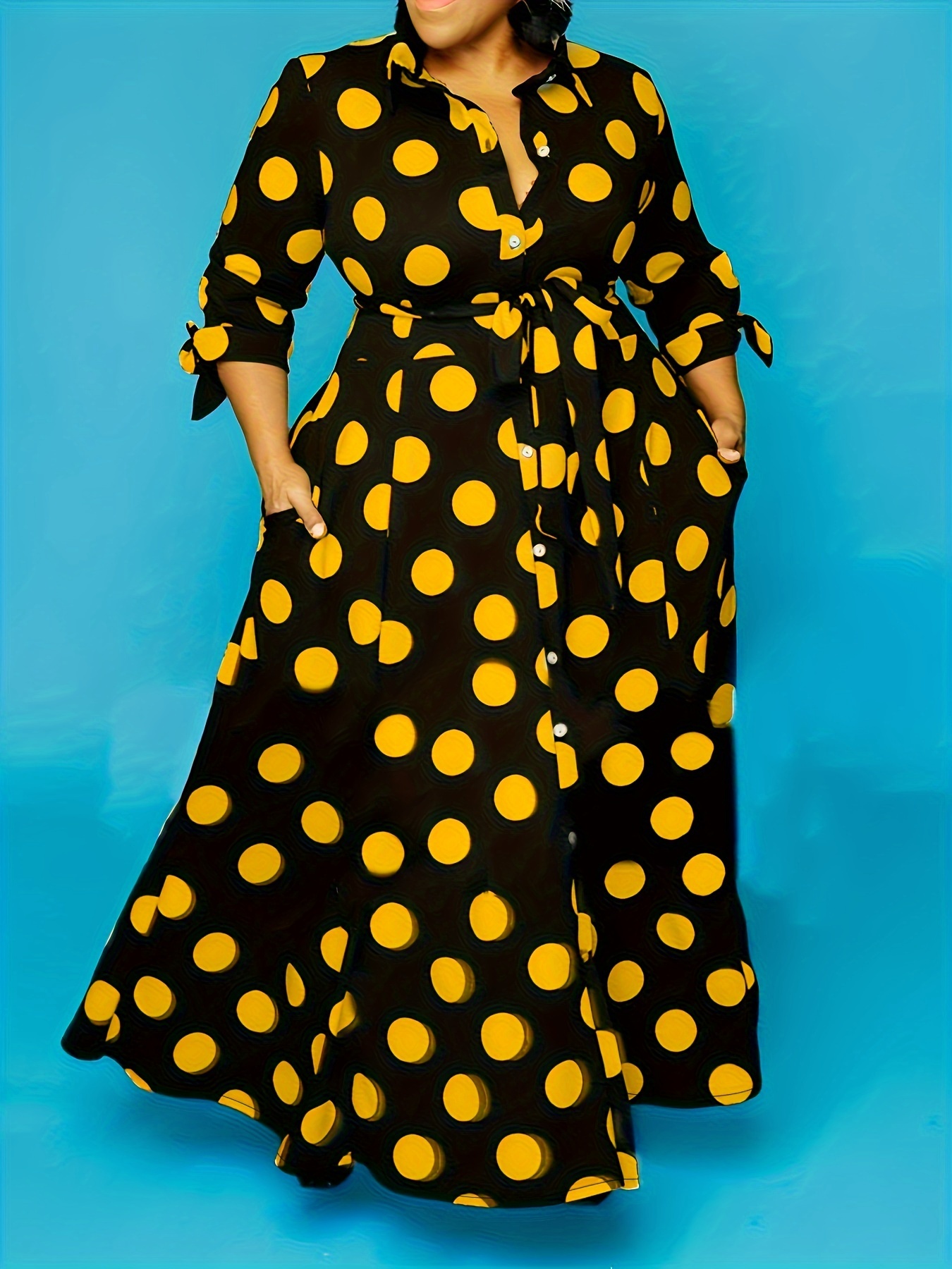 plus size elegant dress womens plus polka dots print button up collared belted maxi dress details 4