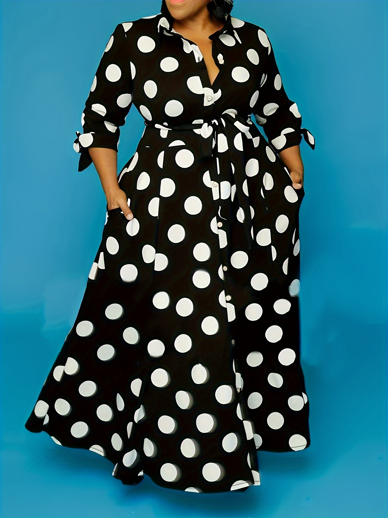 plus size elegant dress womens plus polka dots print button up collared belted maxi dress details 6