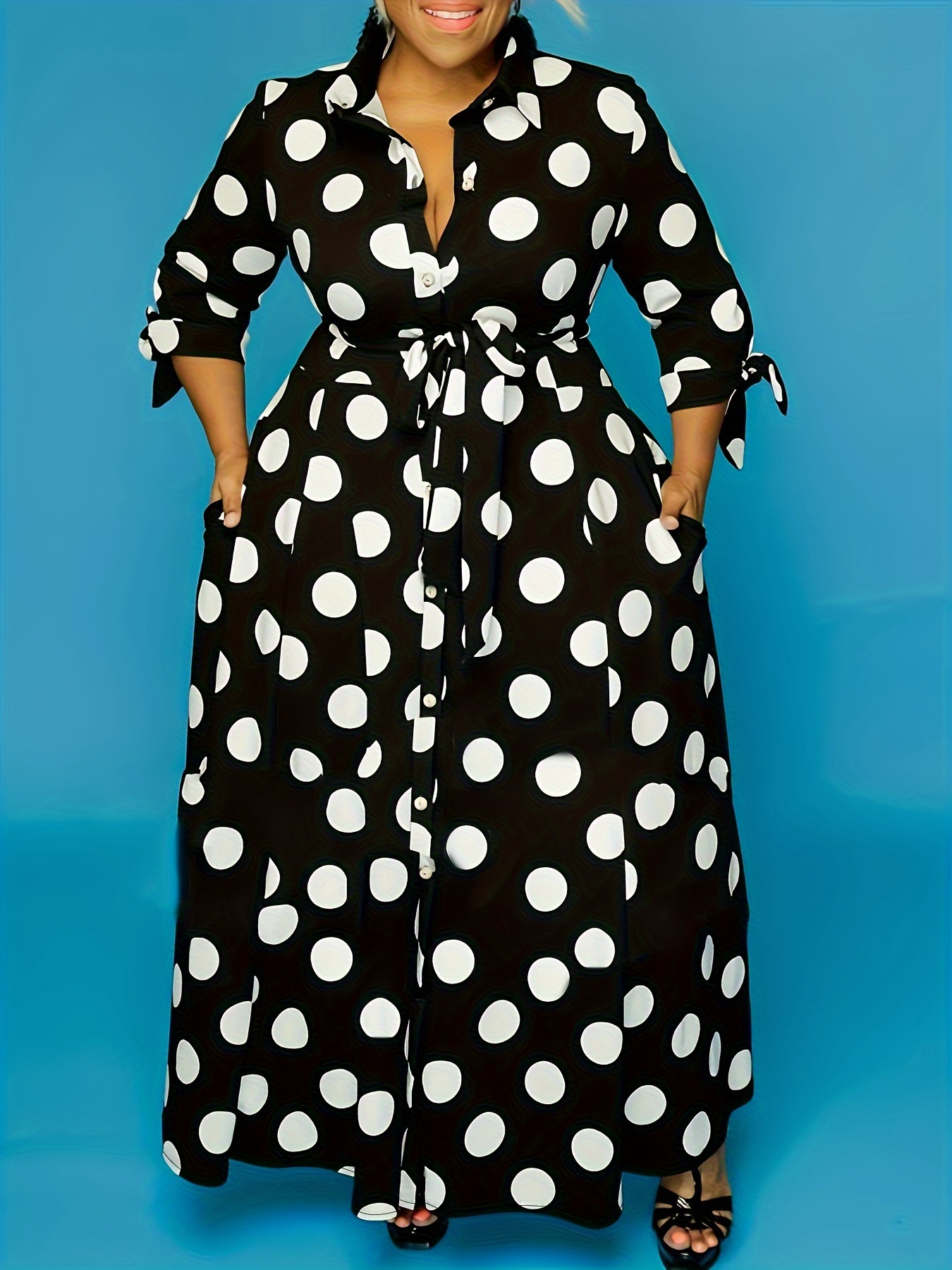 plus size elegant dress womens plus polka dots print button up collared belted maxi dress details 7