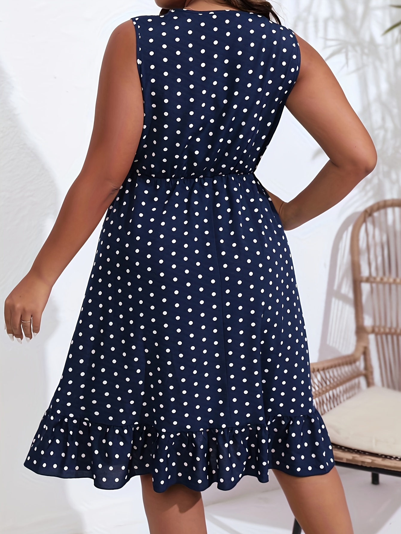 plus size polka dot v neck dress casual ruffle hem sleeveless dress for spring summer womens plus size clothing details 0