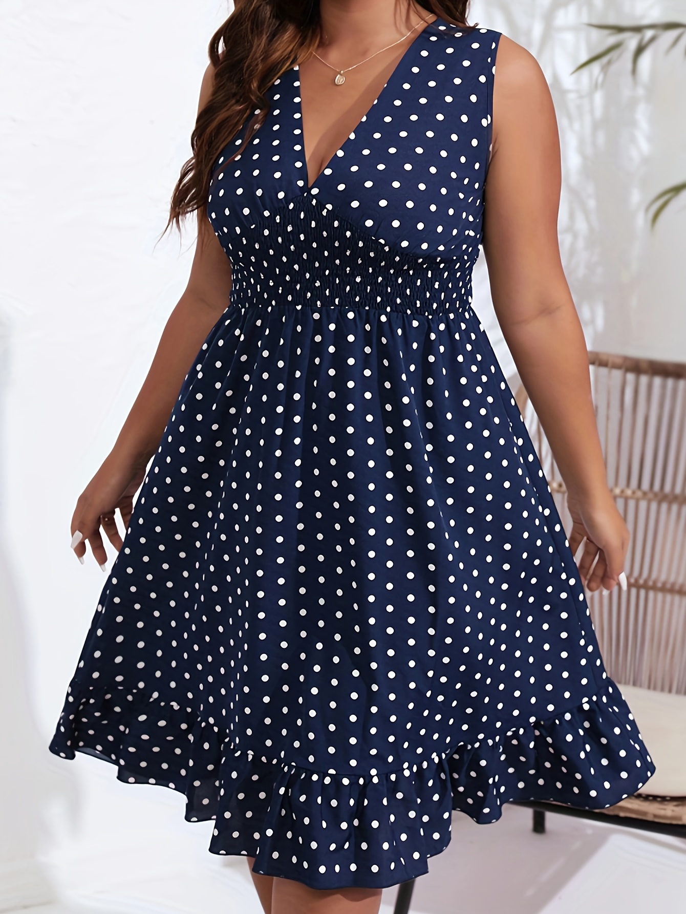 plus size polka dot v neck dress casual ruffle hem sleeveless dress for spring summer womens plus size clothing details 3