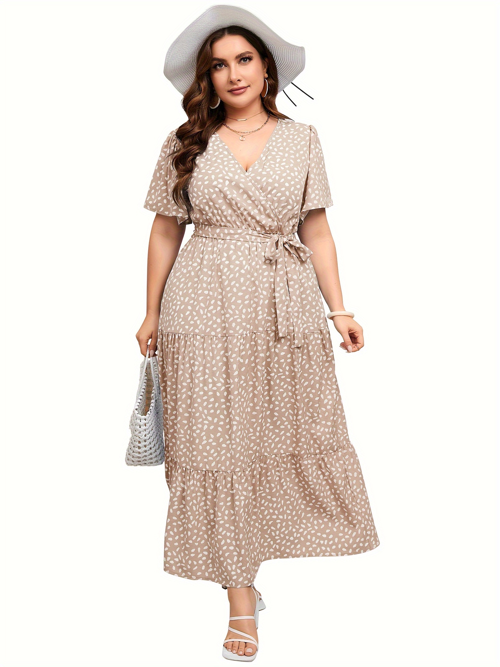 plus size floral print maxi dress elegant v neck short sleeve belted dress womens plus size clothing details 1