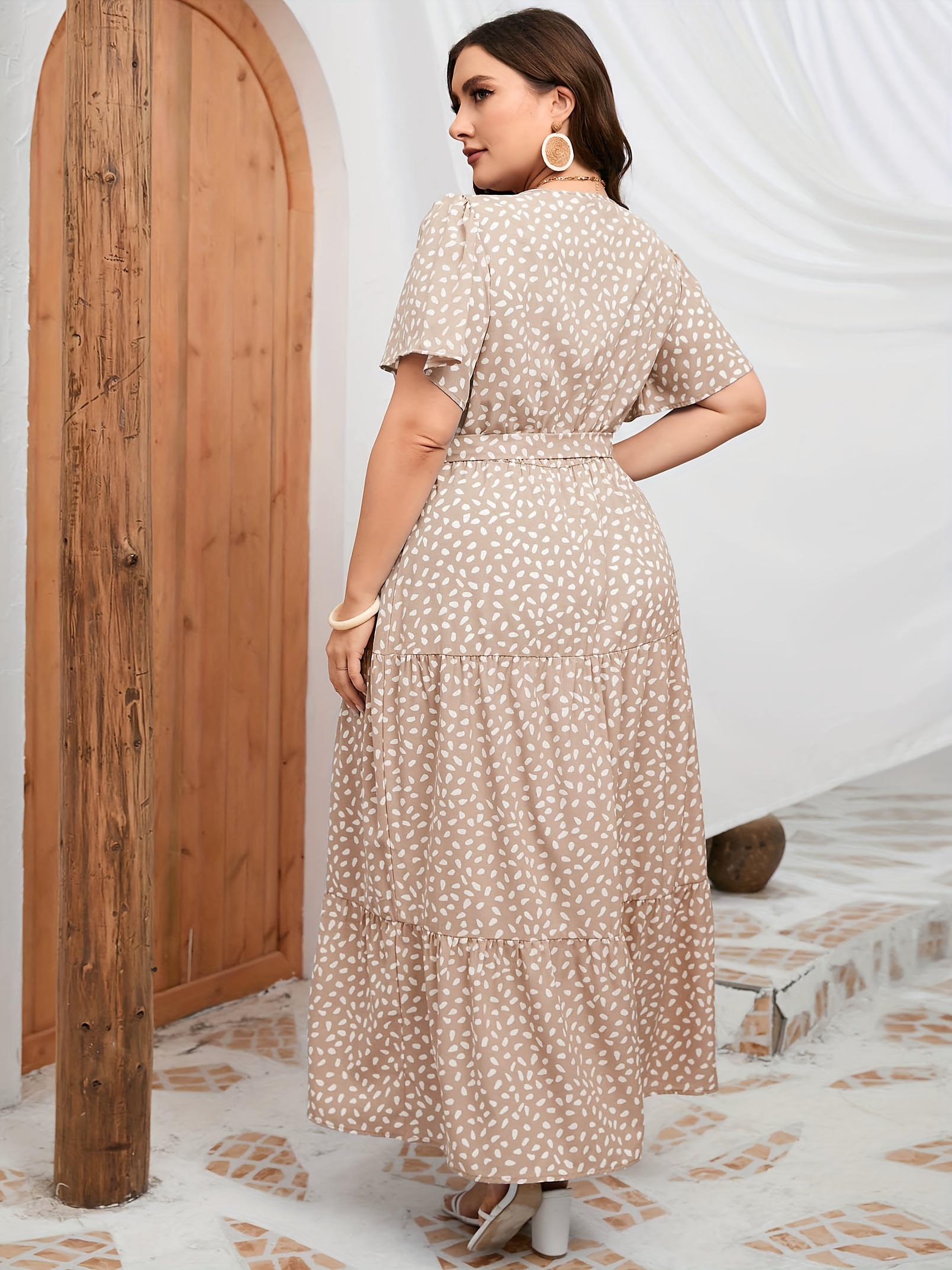 plus size floral print maxi dress elegant v neck short sleeve belted dress womens plus size clothing details 5