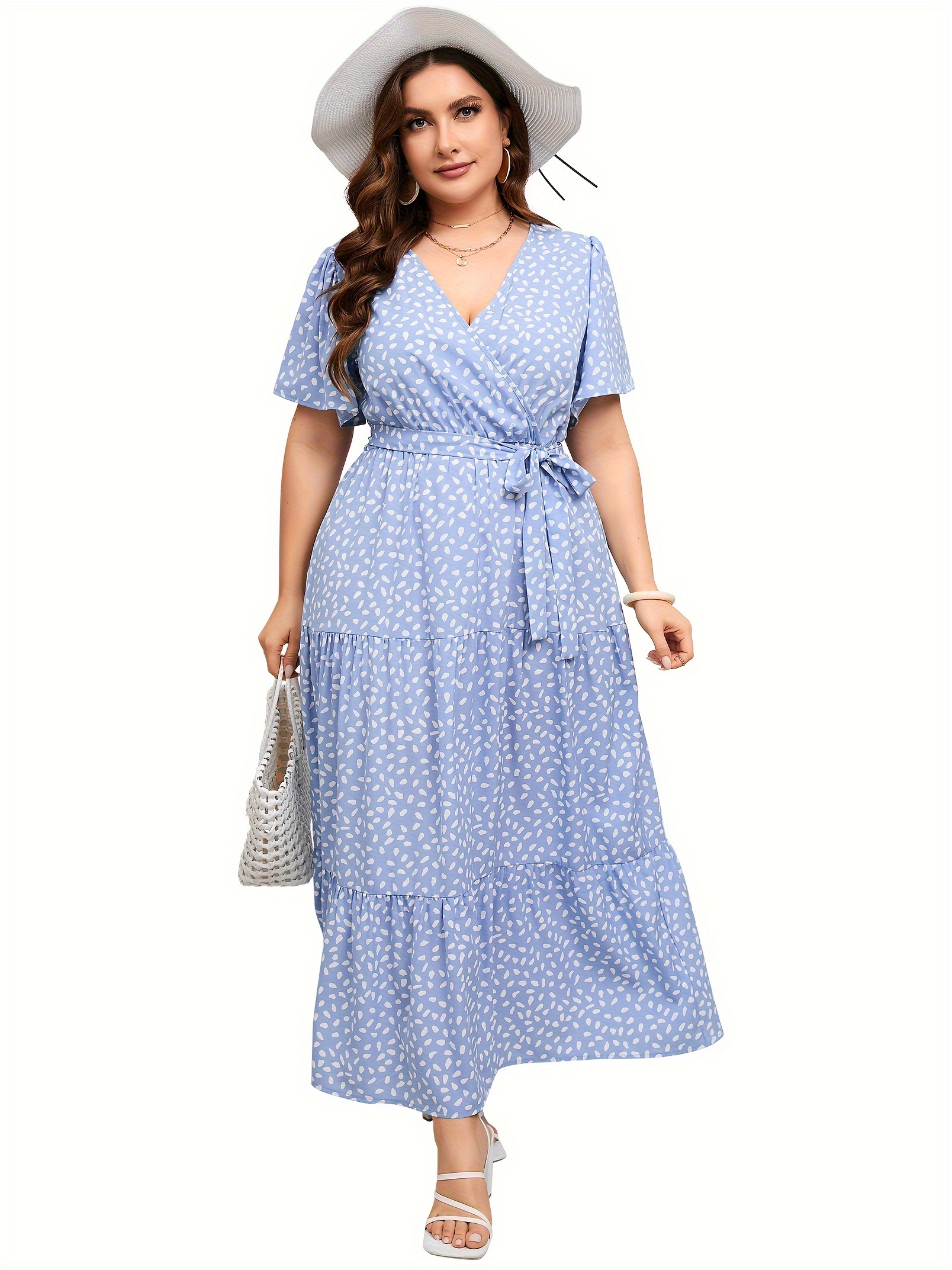 plus size floral print maxi dress elegant v neck short sleeve belted dress womens plus size clothing details 7