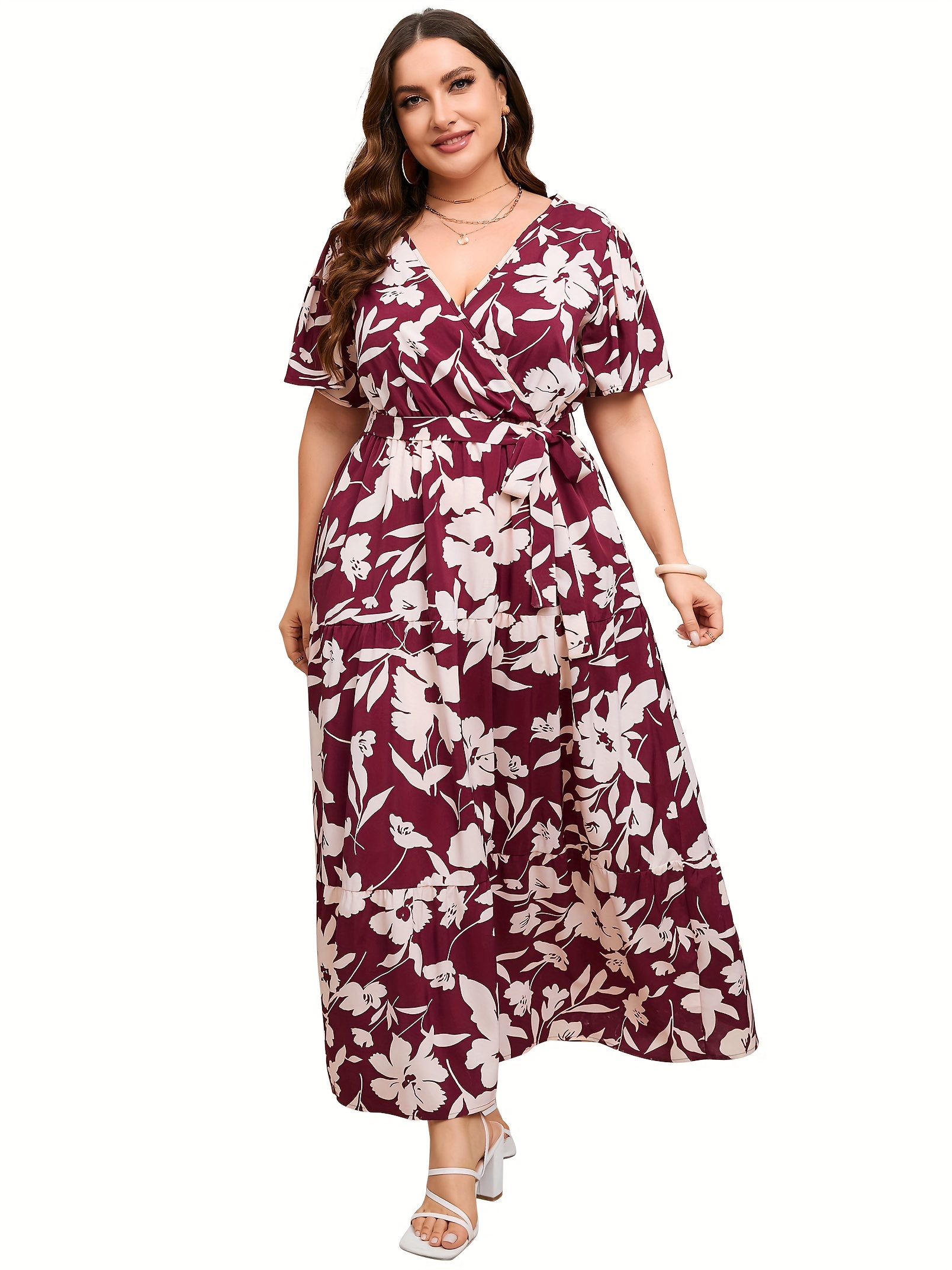 plus size floral print maxi dress elegant v neck short sleeve belted dress womens plus size clothing details 12