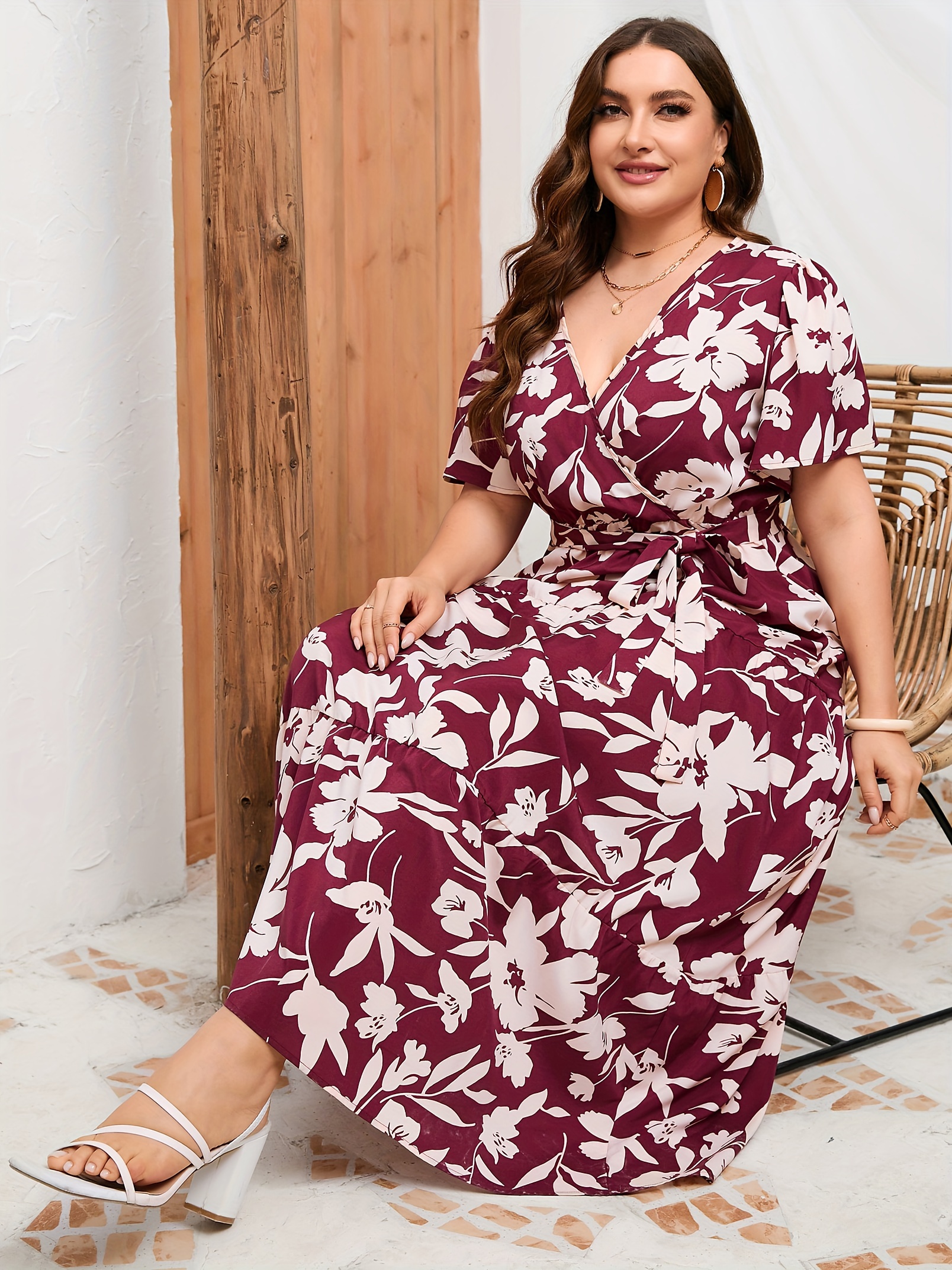 plus size floral print maxi dress elegant v neck short sleeve belted dress womens plus size clothing details 13