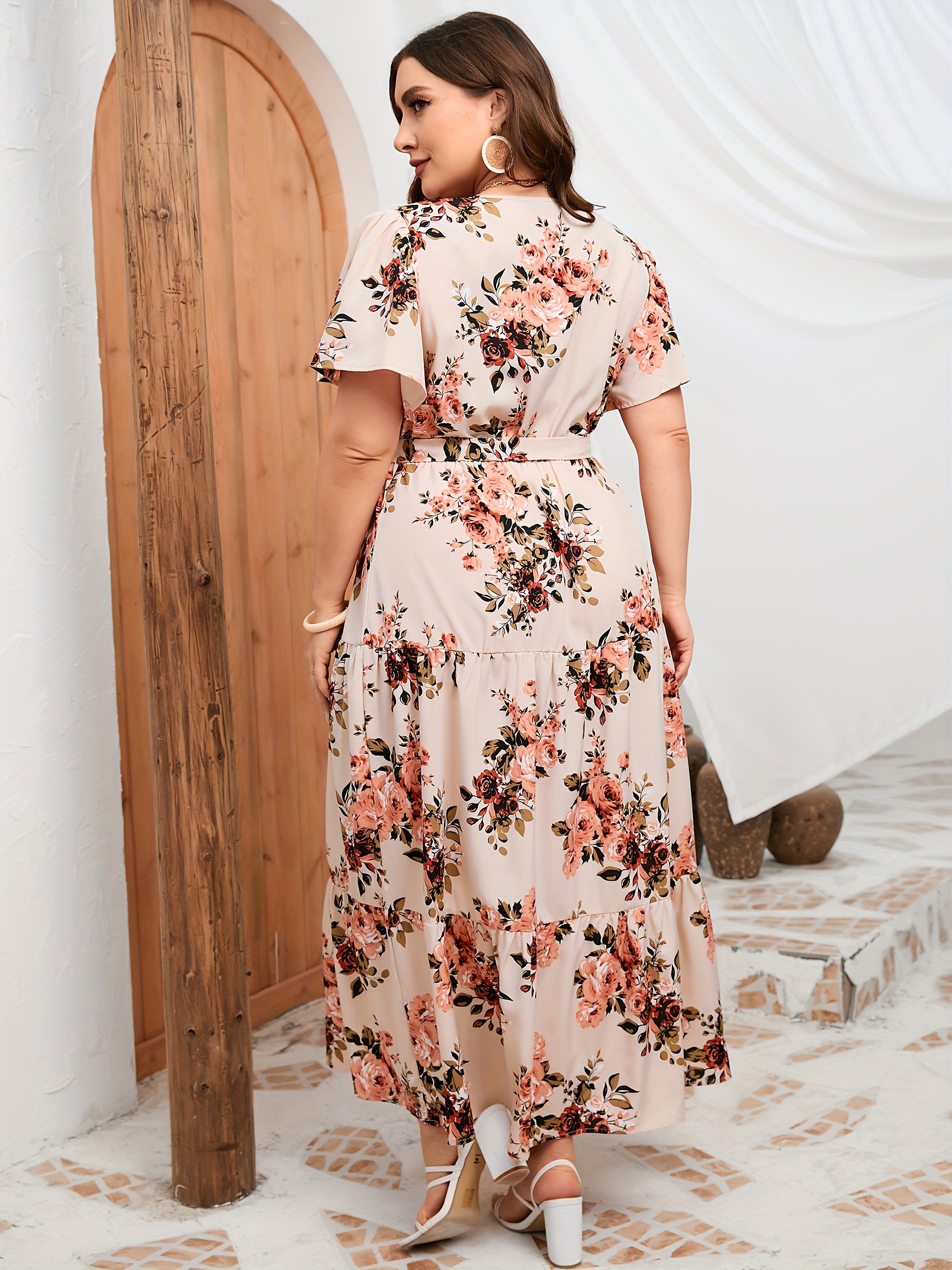 plus size floral print maxi dress elegant v neck short sleeve belted dress womens plus size clothing details 19