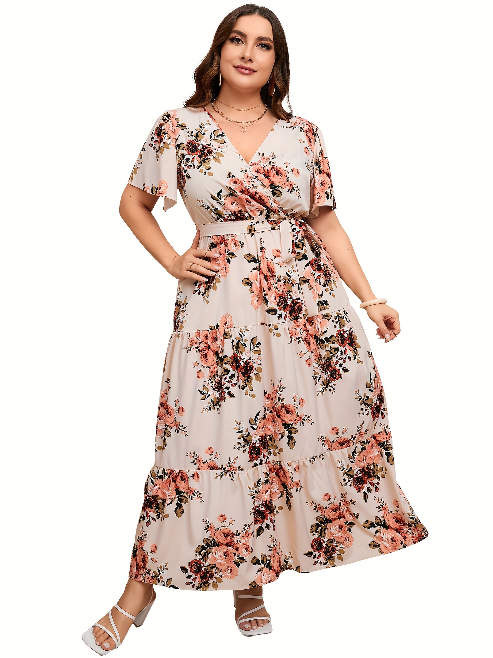 plus size floral print maxi dress elegant v neck short sleeve belted dress womens plus size clothing details 23