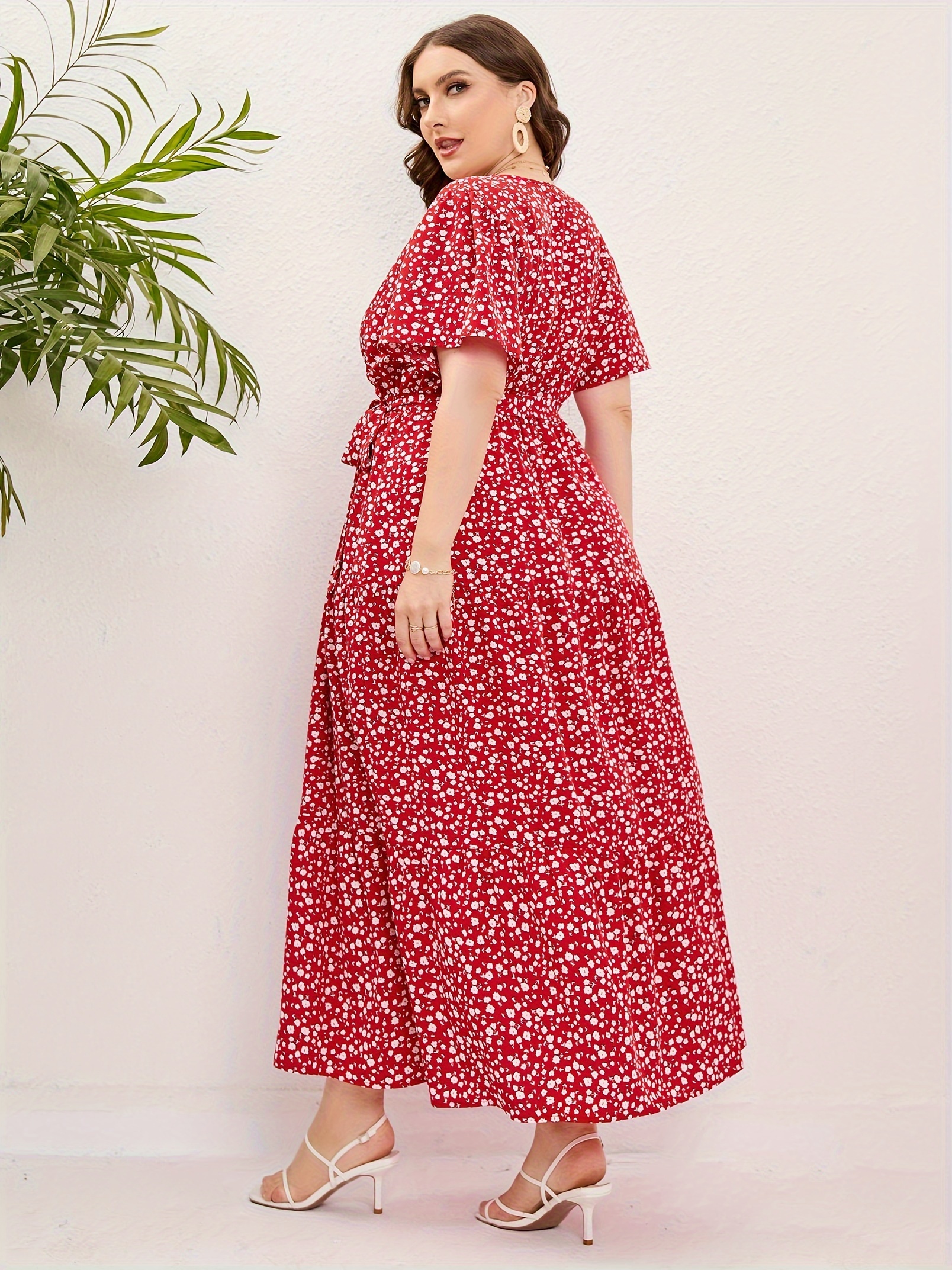 plus size floral print maxi dress elegant v neck short sleeve belted dress womens plus size clothing details 30