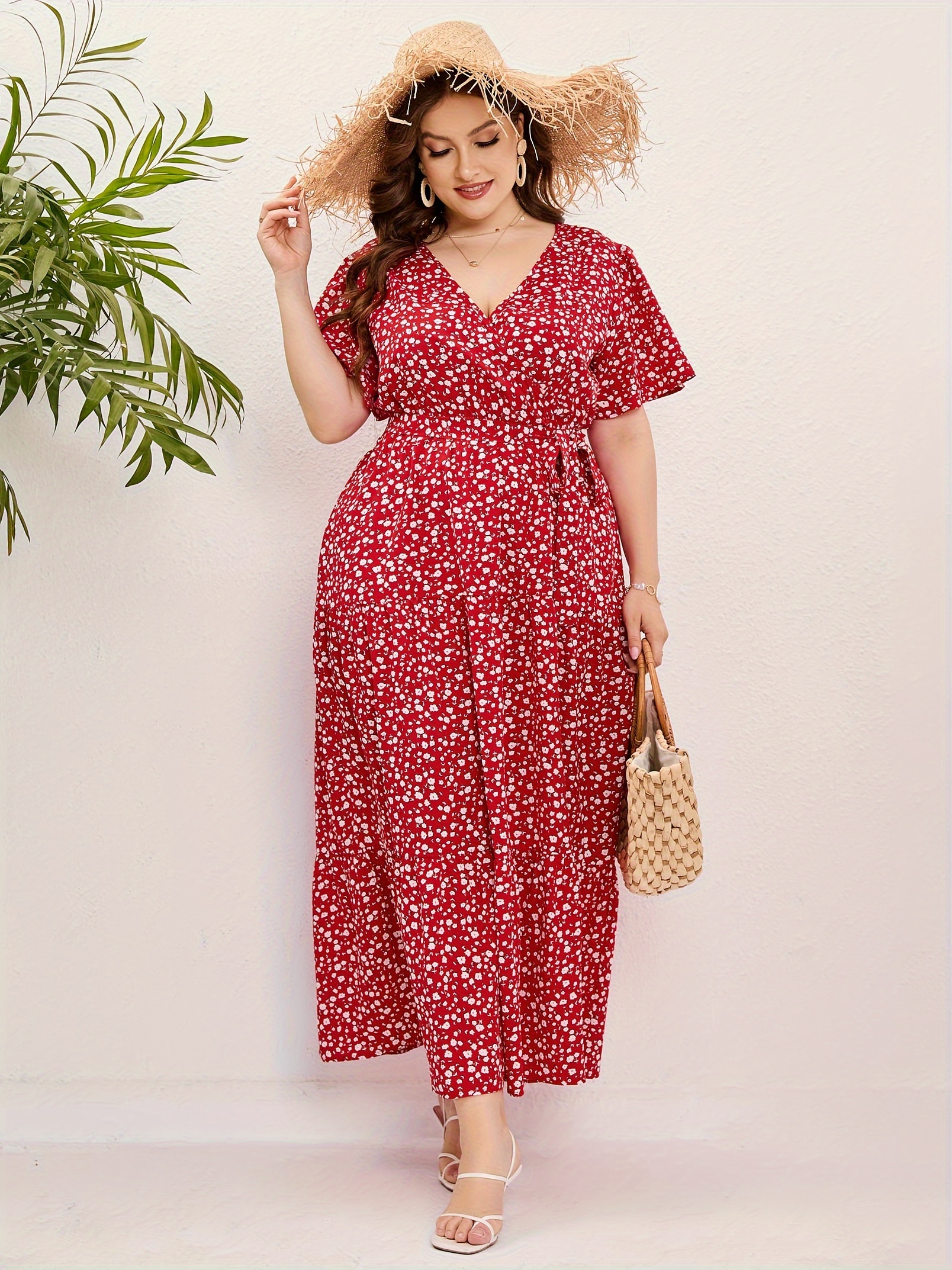 plus size floral print maxi dress elegant v neck short sleeve belted dress womens plus size clothing details 31