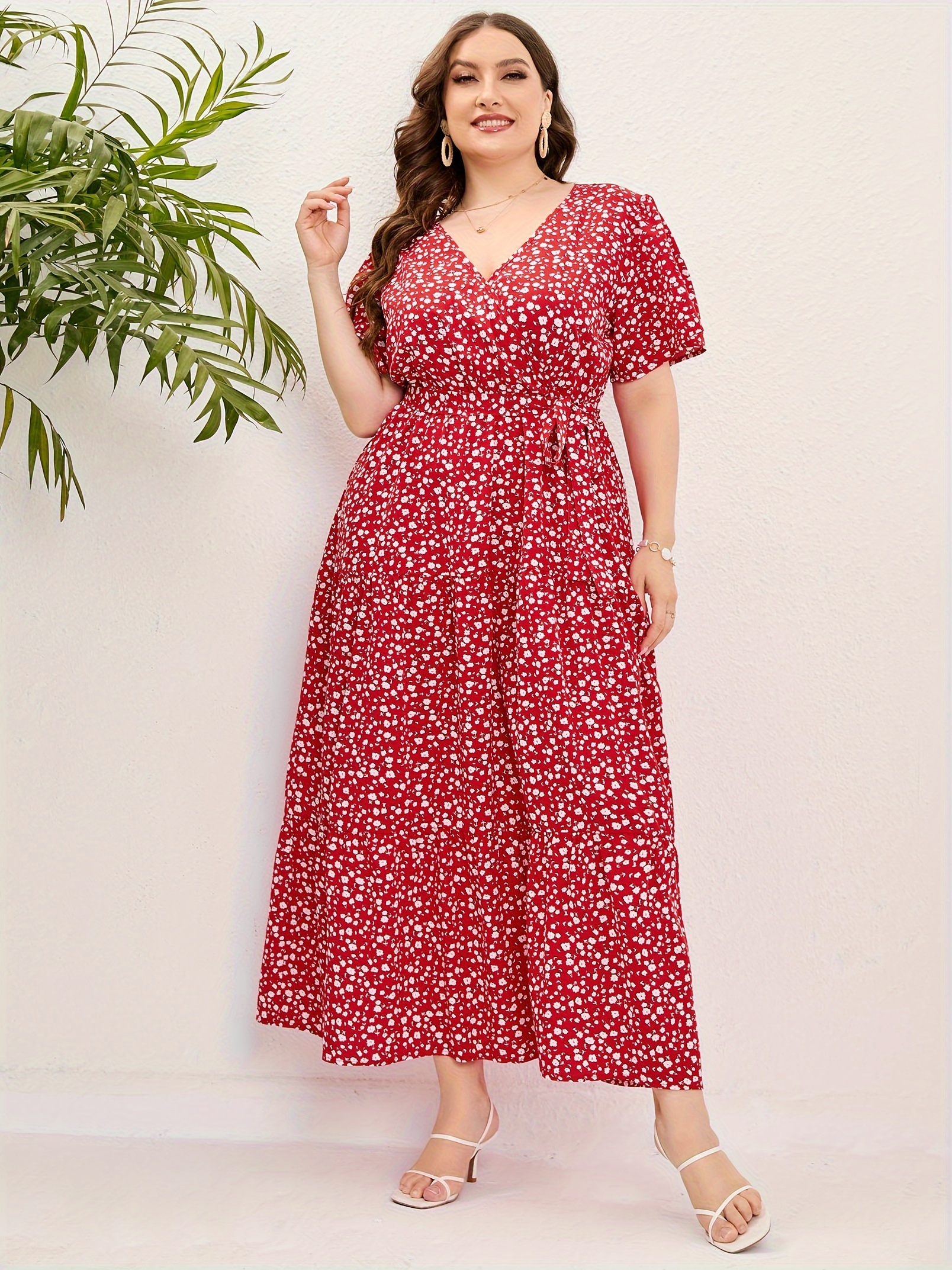 plus size floral print maxi dress elegant v neck short sleeve belted dress womens plus size clothing details 32