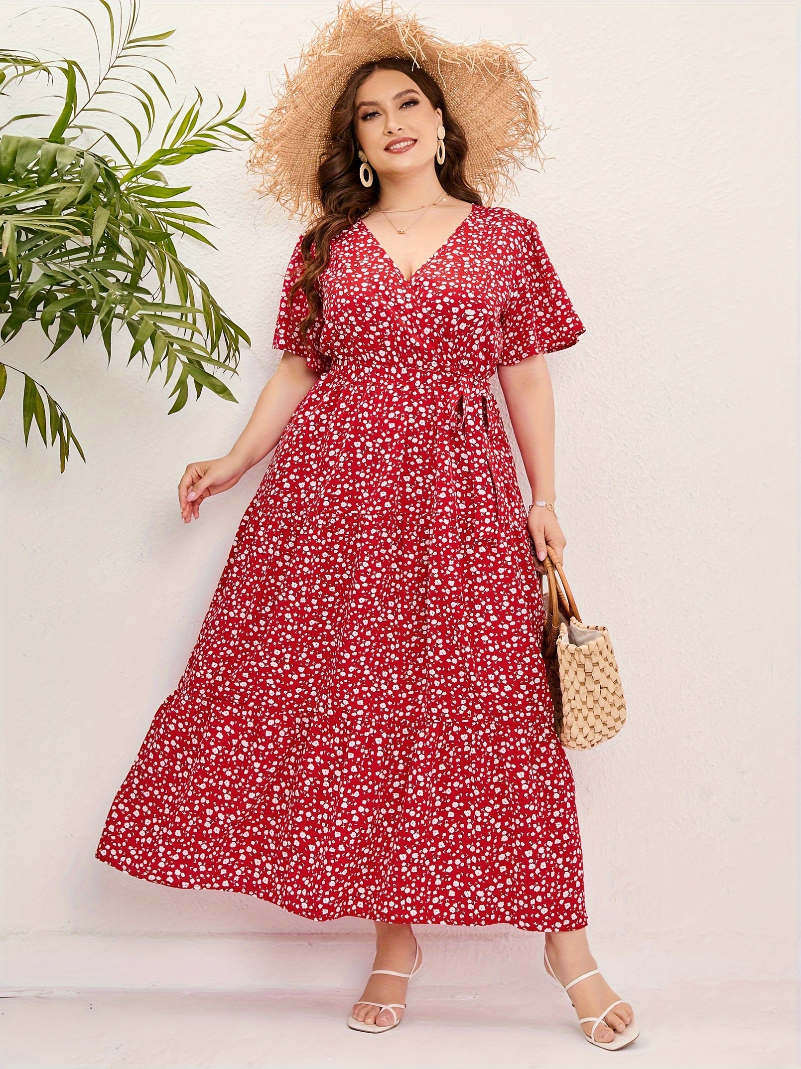 plus size floral print maxi dress elegant v neck short sleeve belted dress womens plus size clothing details 33