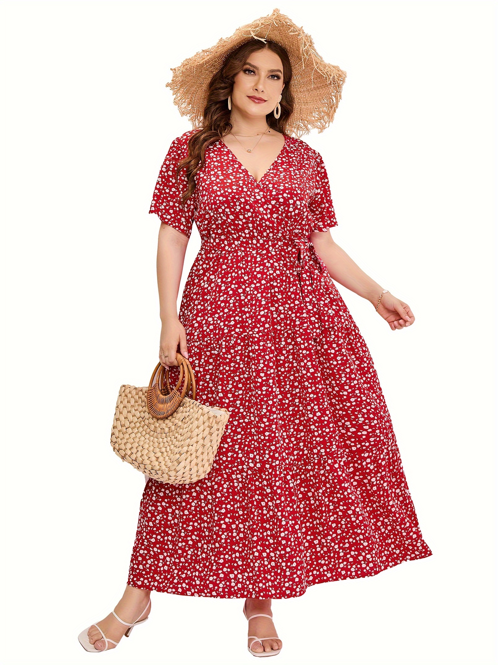 plus size floral print maxi dress elegant v neck short sleeve belted dress womens plus size clothing details 34