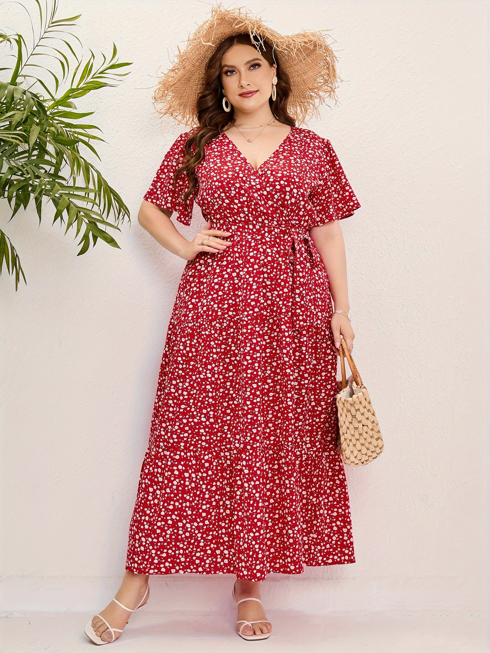 plus size floral print maxi dress elegant v neck short sleeve belted dress womens plus size clothing details 35