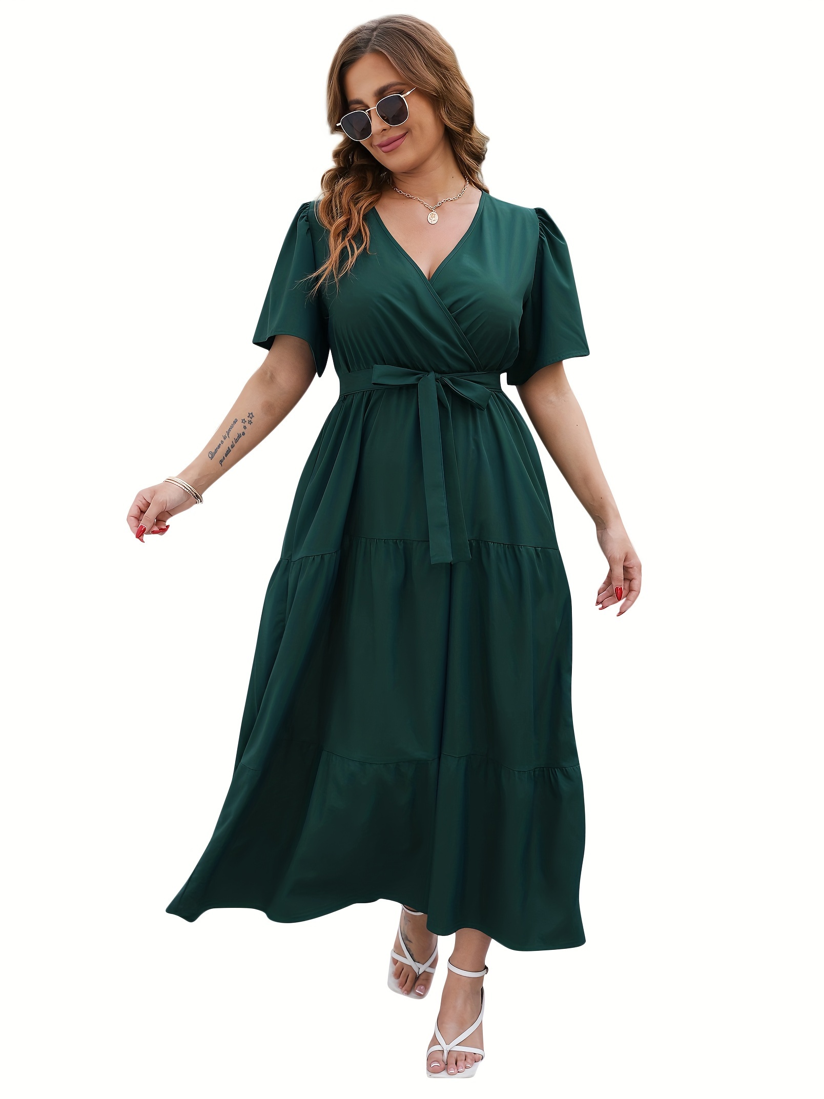 plus size floral print maxi dress elegant v neck short sleeve belted dress womens plus size clothing details 36