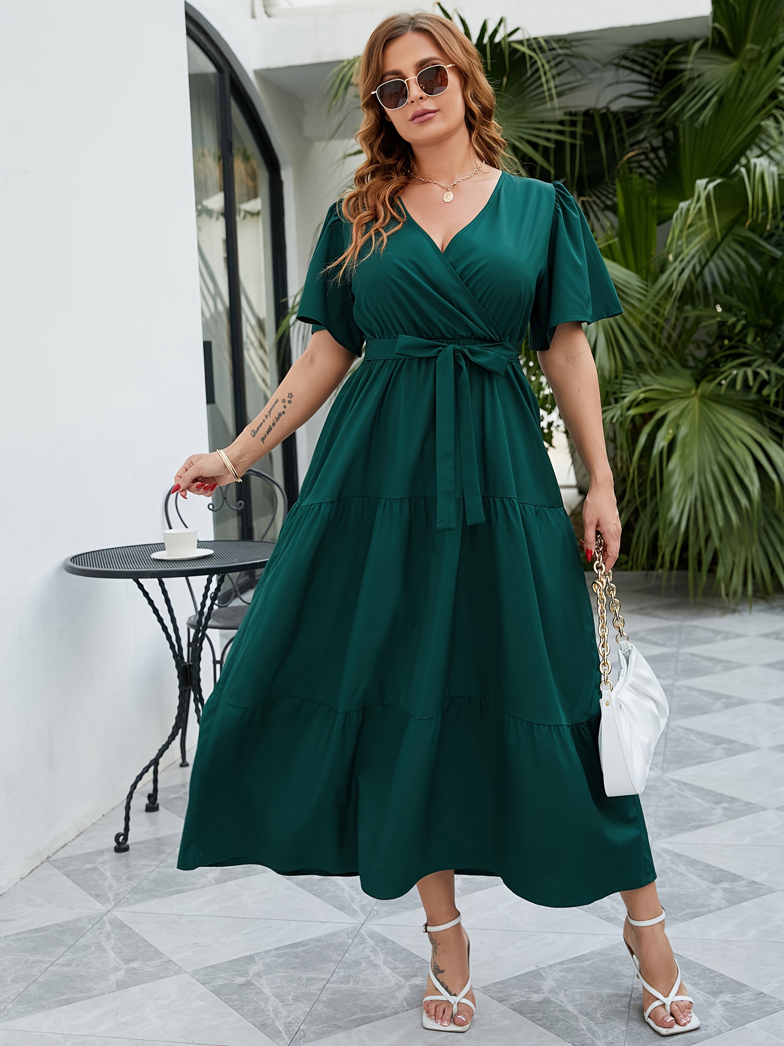 plus size floral print maxi dress elegant v neck short sleeve belted dress womens plus size clothing details 37