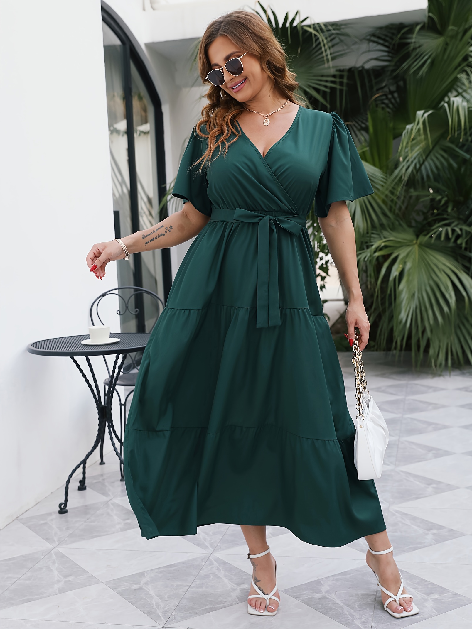 plus size floral print maxi dress elegant v neck short sleeve belted dress womens plus size clothing details 38