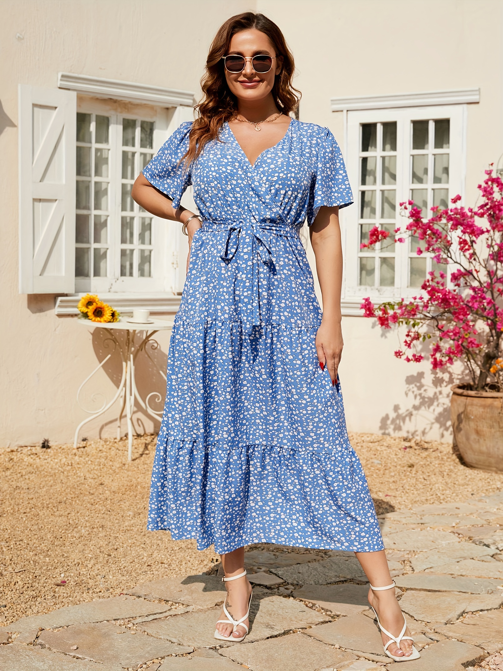 plus size floral print maxi dress elegant v neck short sleeve belted dress womens plus size clothing details 44