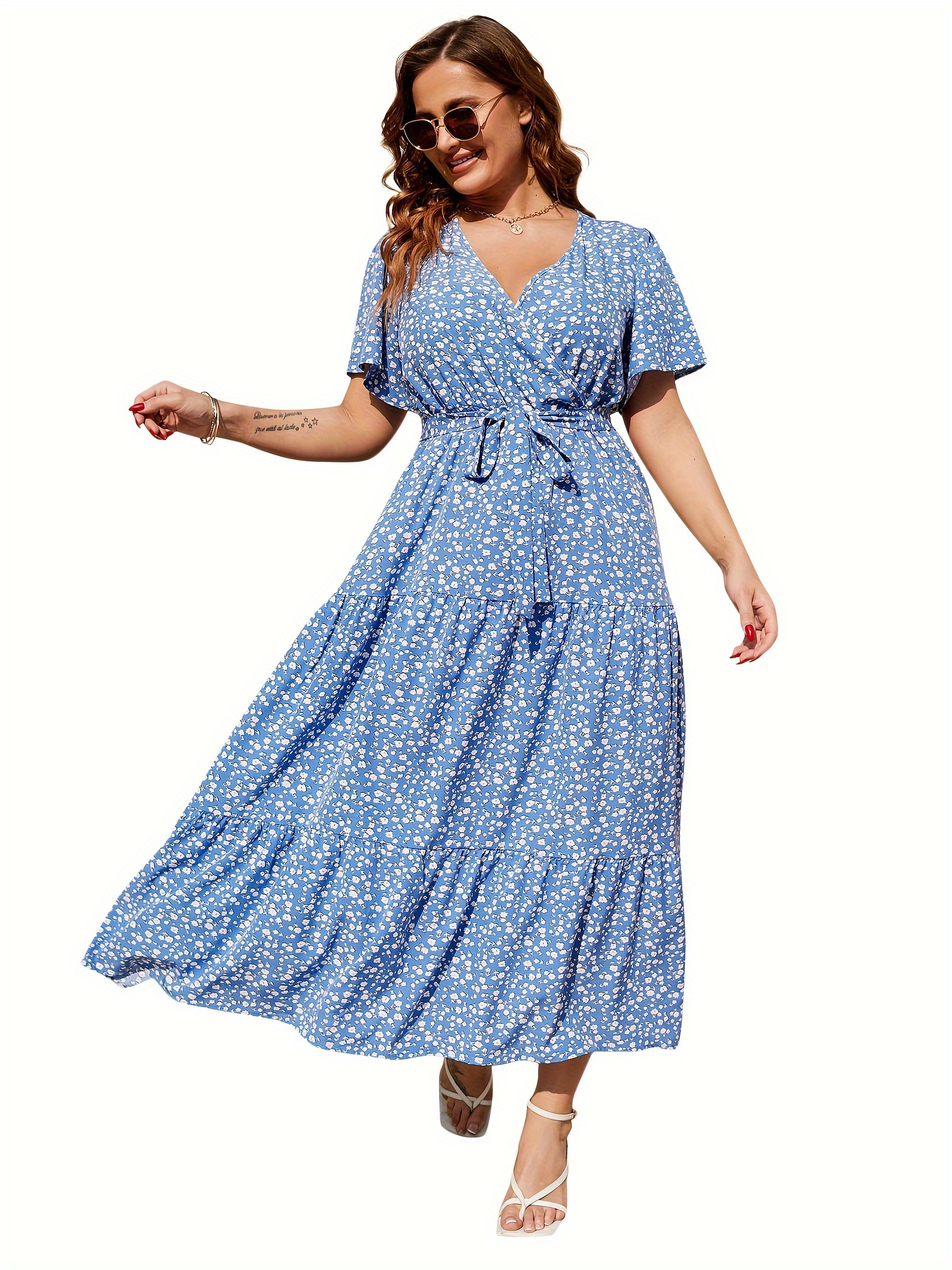 plus size floral print maxi dress elegant v neck short sleeve belted dress womens plus size clothing details 45