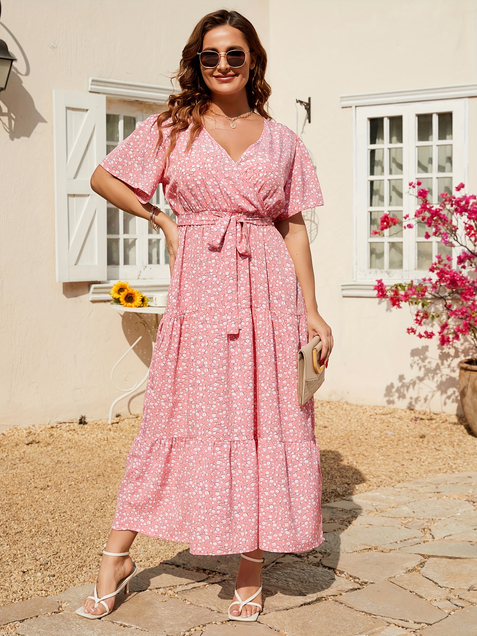 plus size floral print maxi dress elegant v neck short sleeve belted dress womens plus size clothing details 55