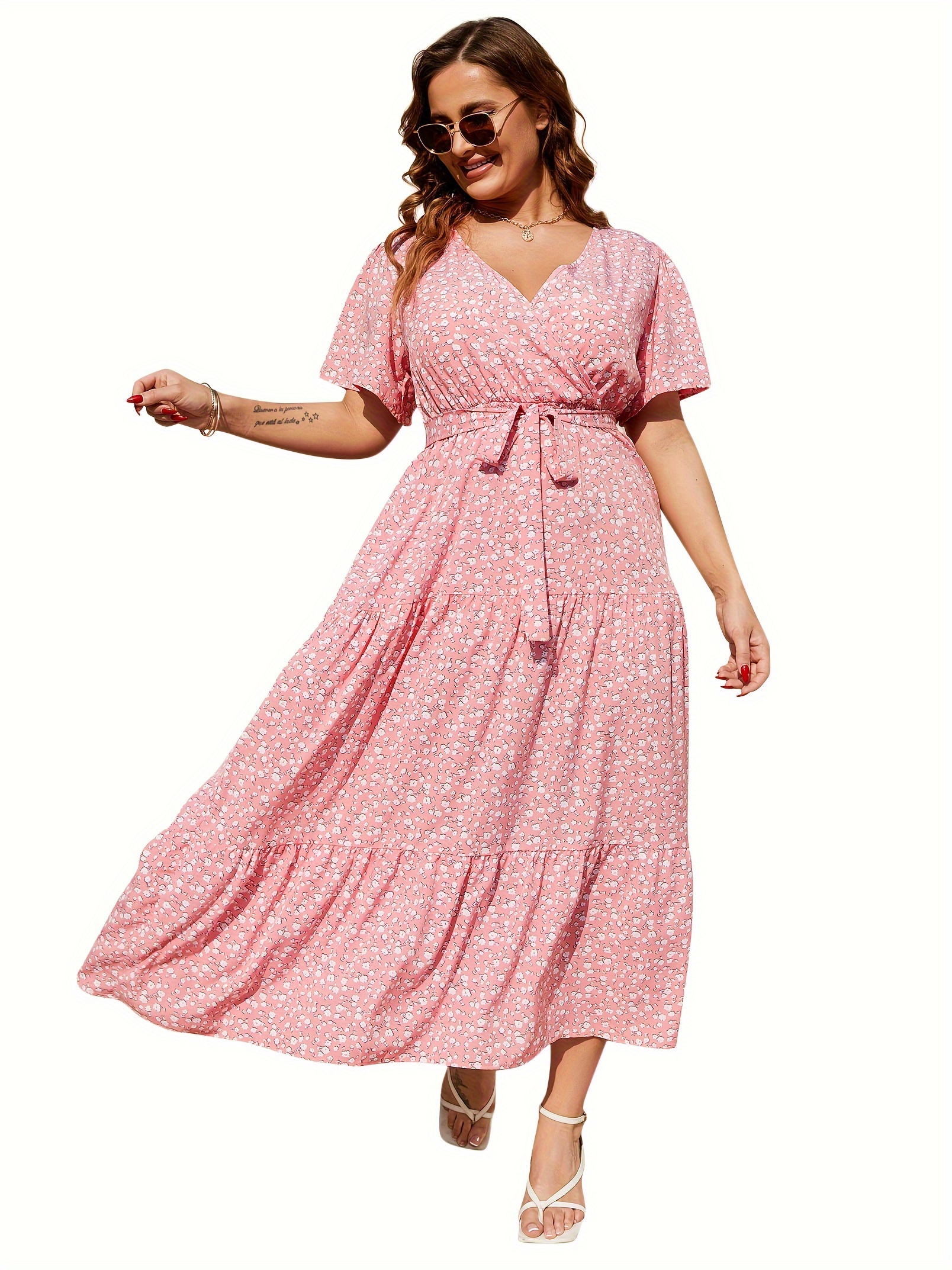 plus size floral print maxi dress elegant v neck short sleeve belted dress womens plus size clothing details 57