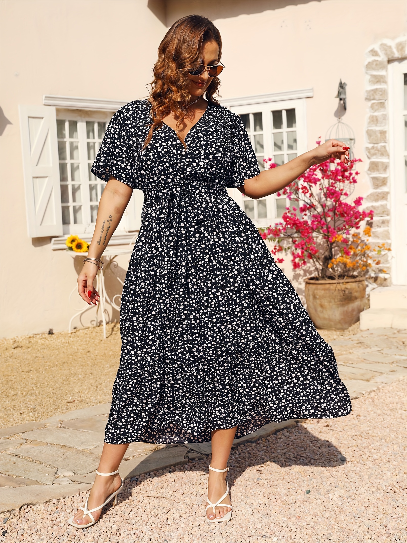 plus size floral print maxi dress elegant v neck short sleeve belted dress womens plus size clothing details 61