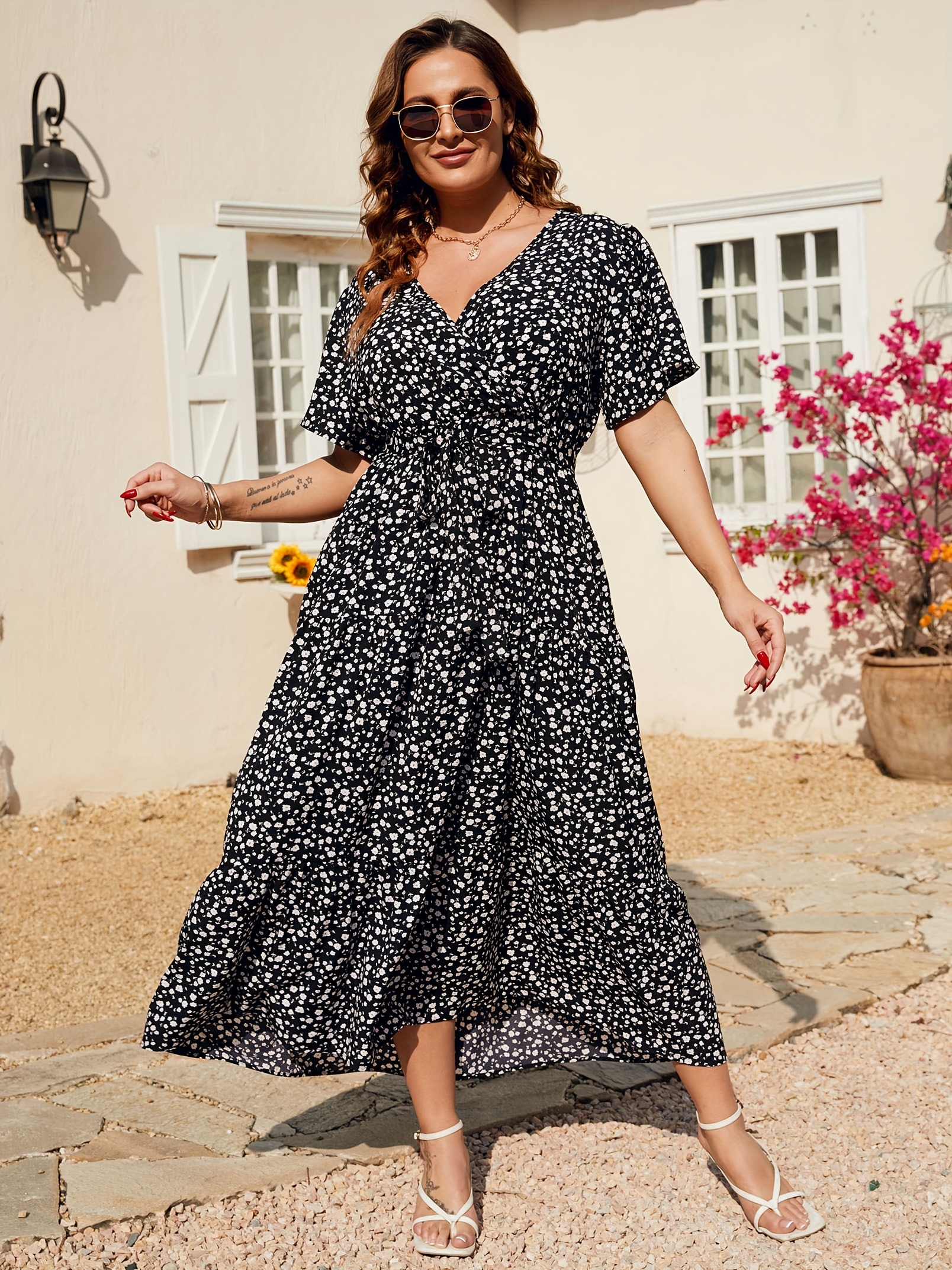 plus size floral print maxi dress elegant v neck short sleeve belted dress womens plus size clothing details 62