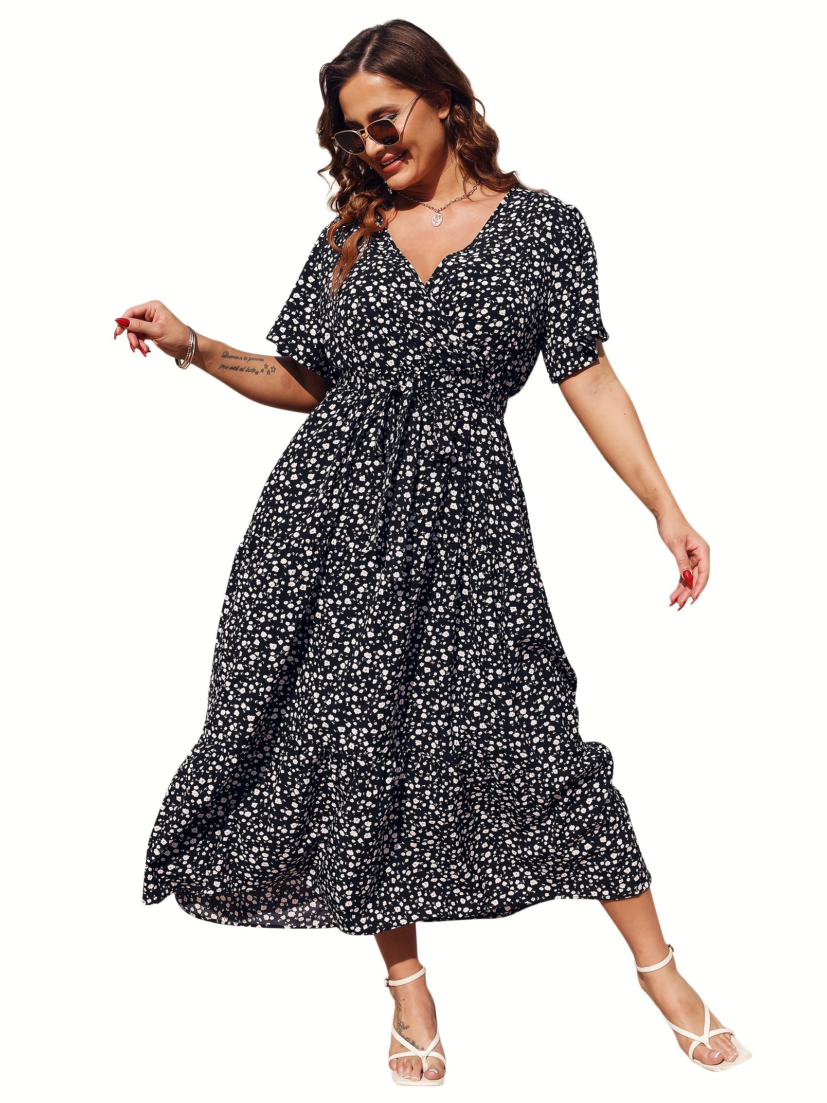 plus size floral print maxi dress elegant v neck short sleeve belted dress womens plus size clothing details 63