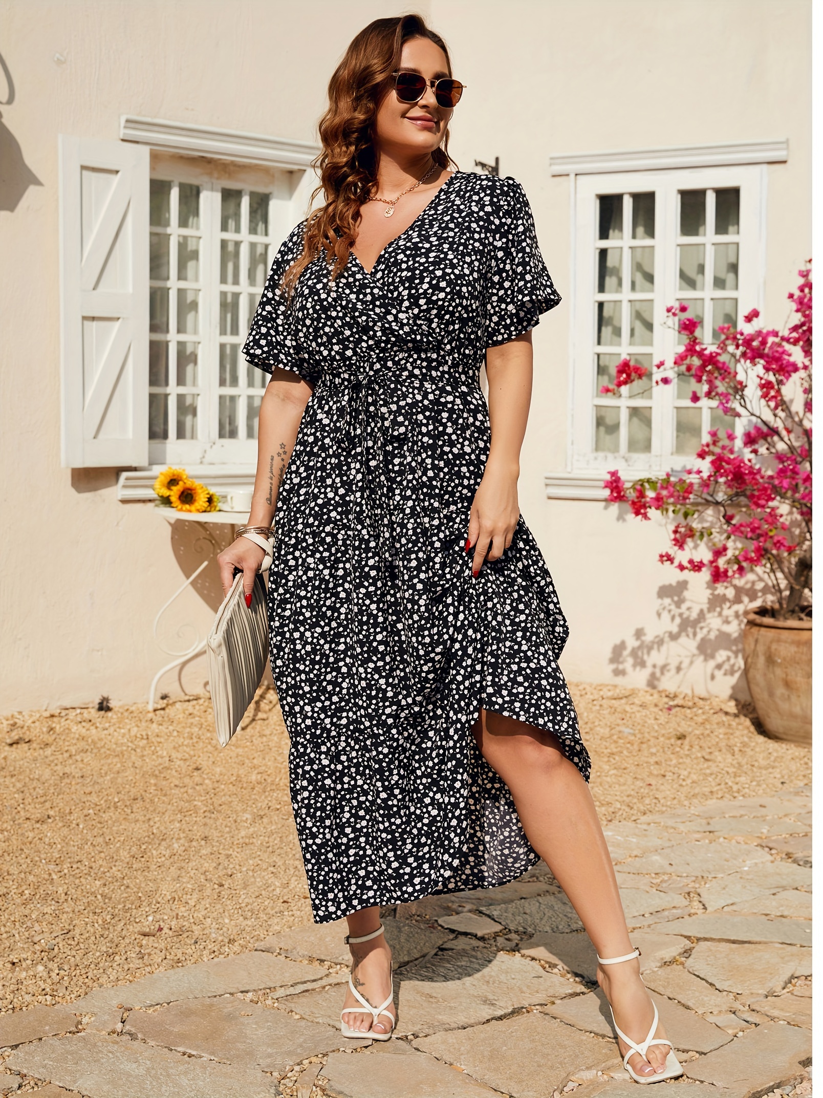 plus size floral print maxi dress elegant v neck short sleeve belted dress womens plus size clothing details 65