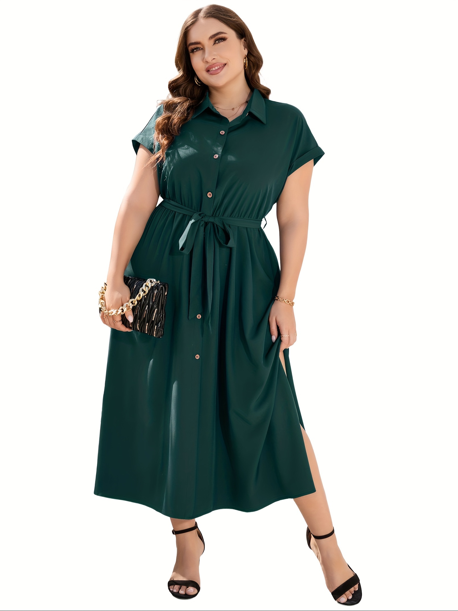 plus size solid color lapel neck dress elegant short sleeve button front side split dress for spring summer womens plus size clothing details 0