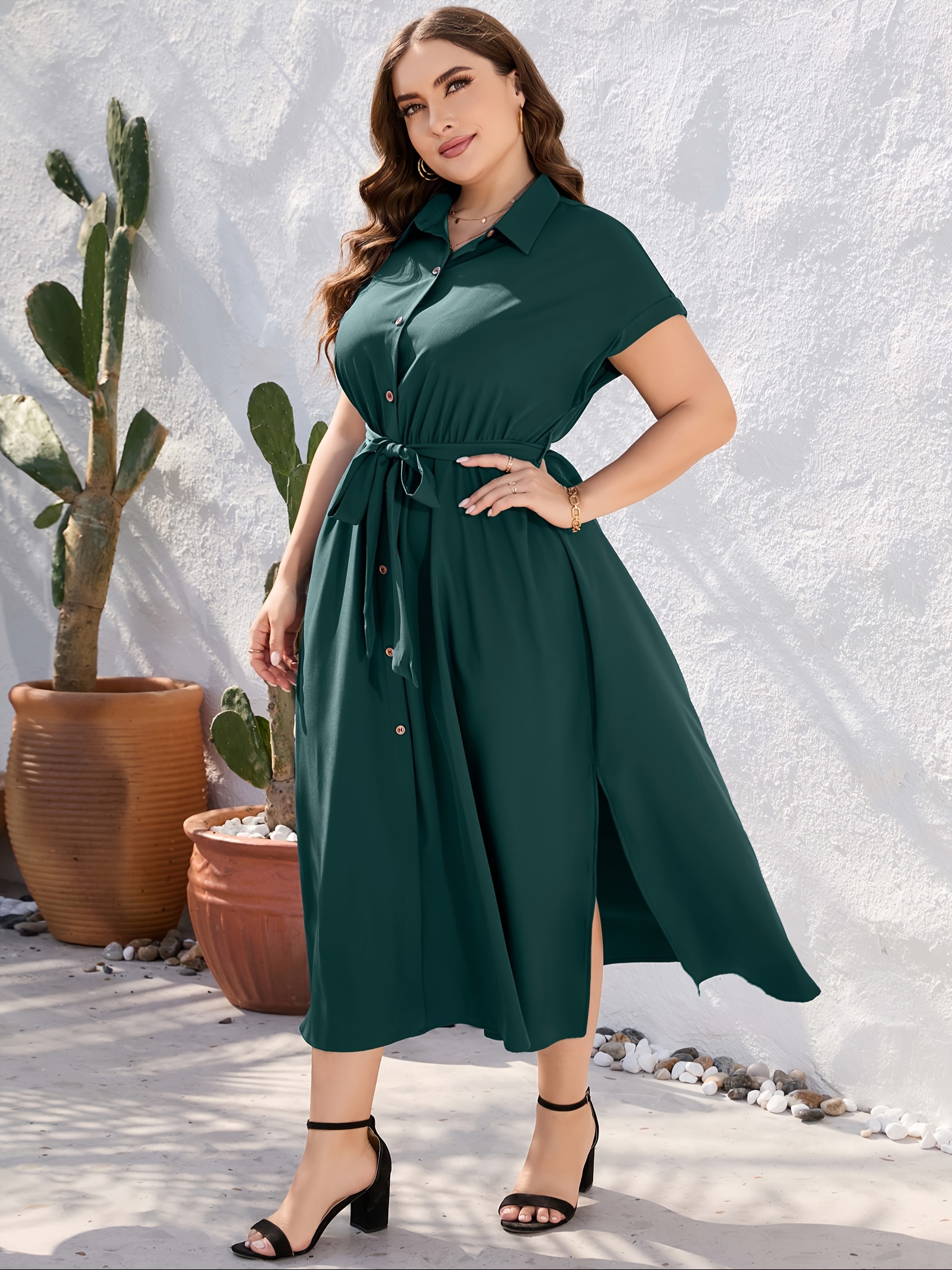 plus size solid color lapel neck dress elegant short sleeve button front side split dress for spring summer womens plus size clothing details 1