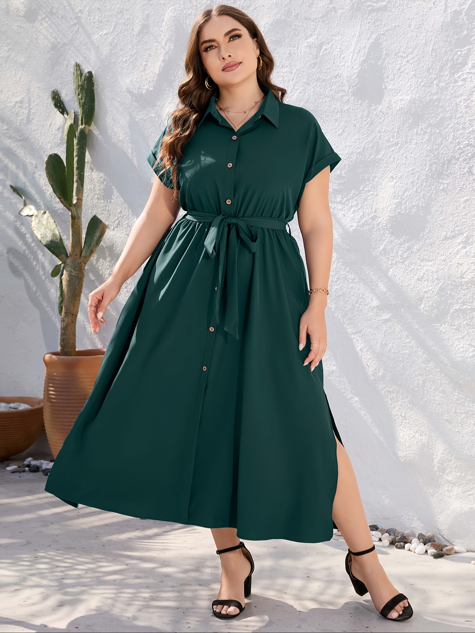 plus size solid color lapel neck dress elegant short sleeve button front side split dress for spring summer womens plus size clothing details 2