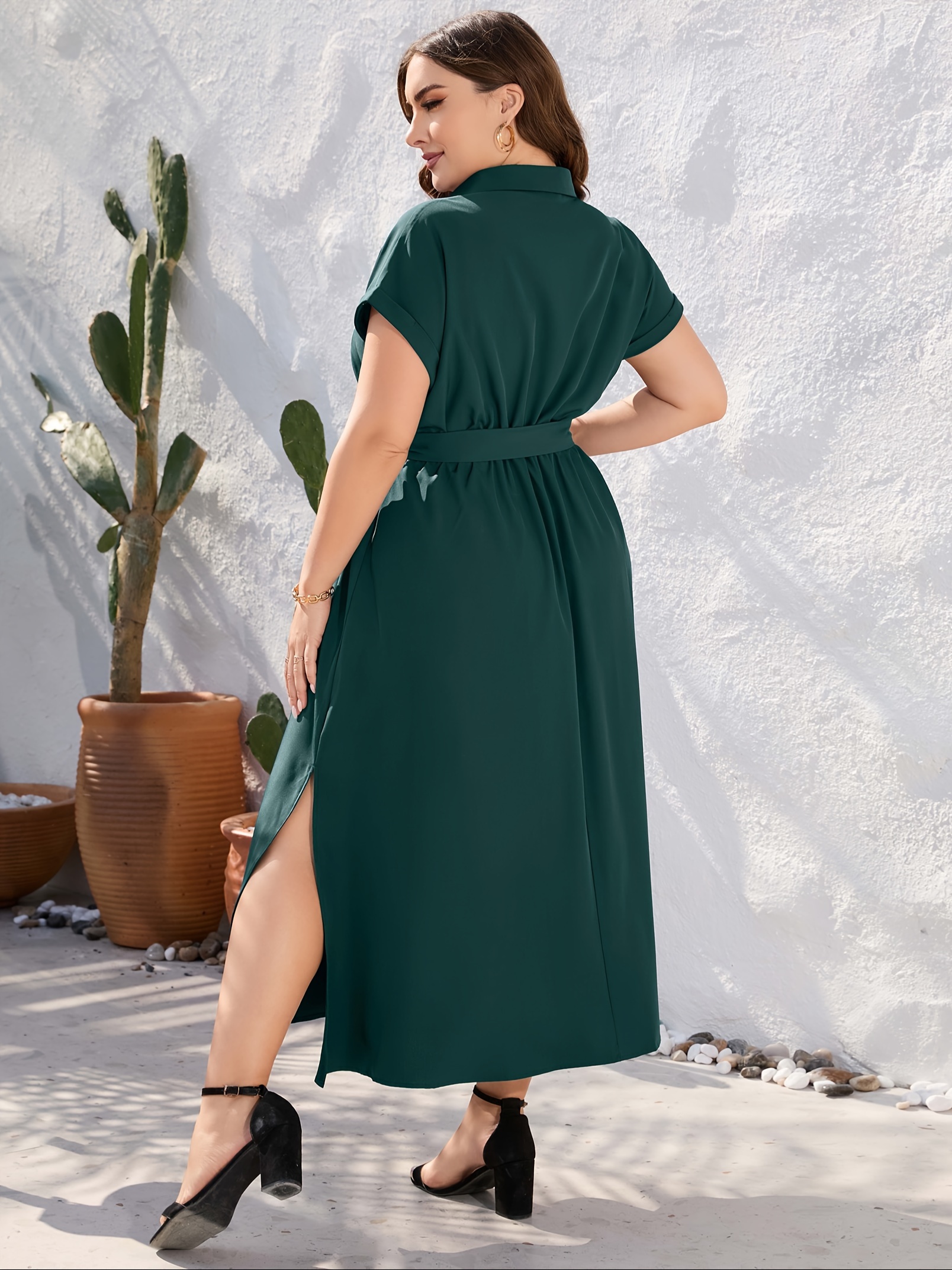 plus size solid color lapel neck dress elegant short sleeve button front side split dress for spring summer womens plus size clothing details 3