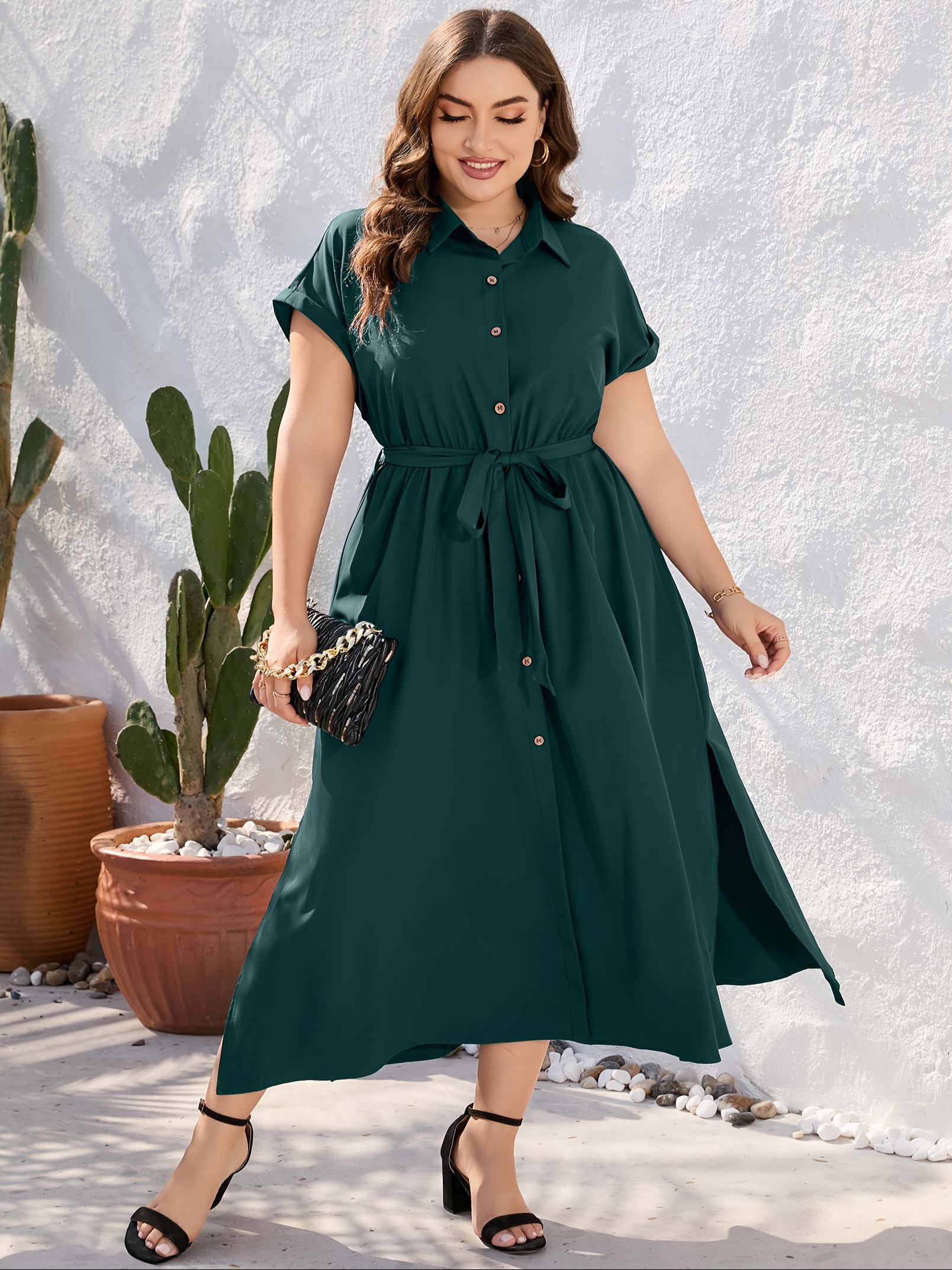 plus size solid color lapel neck dress elegant short sleeve button front side split dress for spring summer womens plus size clothing details 4