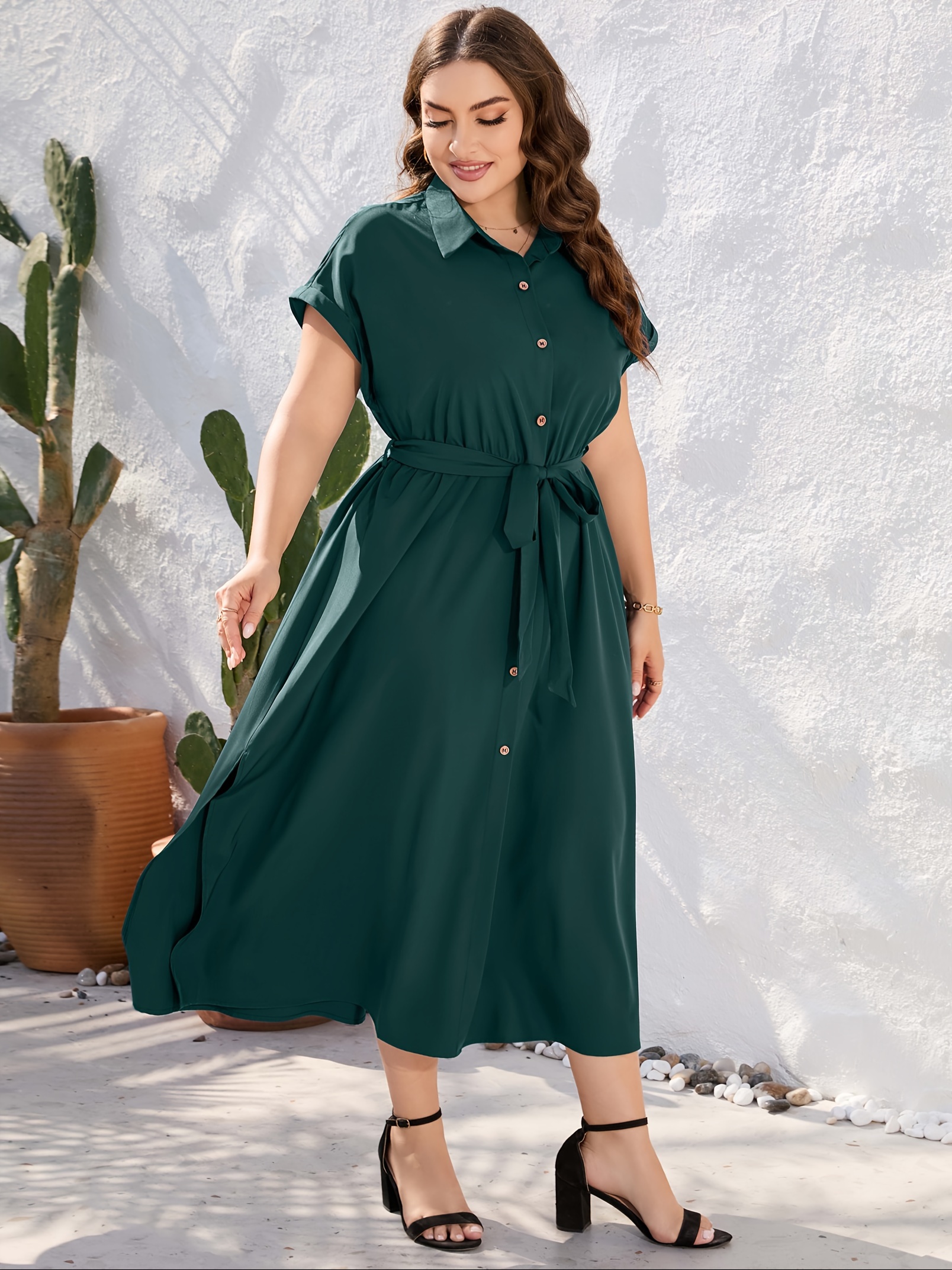 plus size solid color lapel neck dress elegant short sleeve button front side split dress for spring summer womens plus size clothing details 5