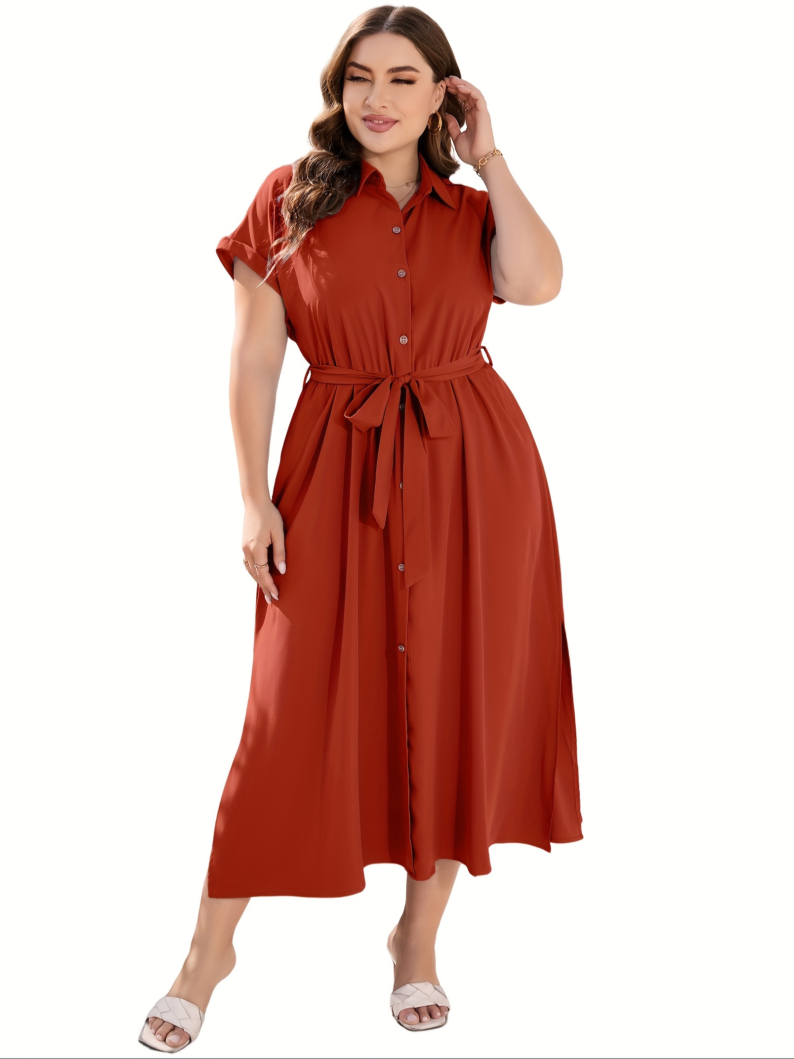 plus size solid color lapel neck dress elegant short sleeve button front side split dress for spring summer womens plus size clothing details 6