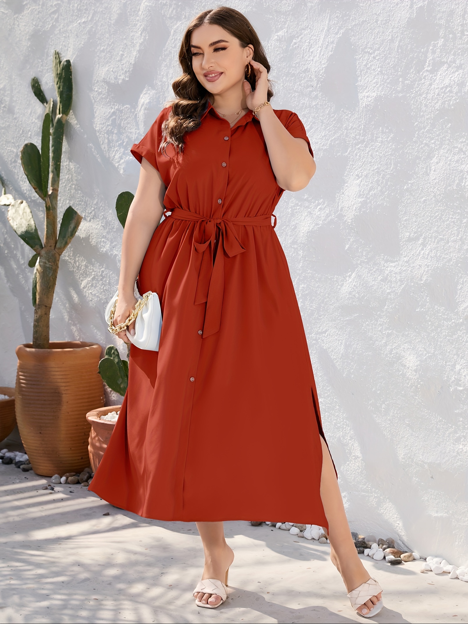 plus size solid color lapel neck dress elegant short sleeve button front side split dress for spring summer womens plus size clothing details 7